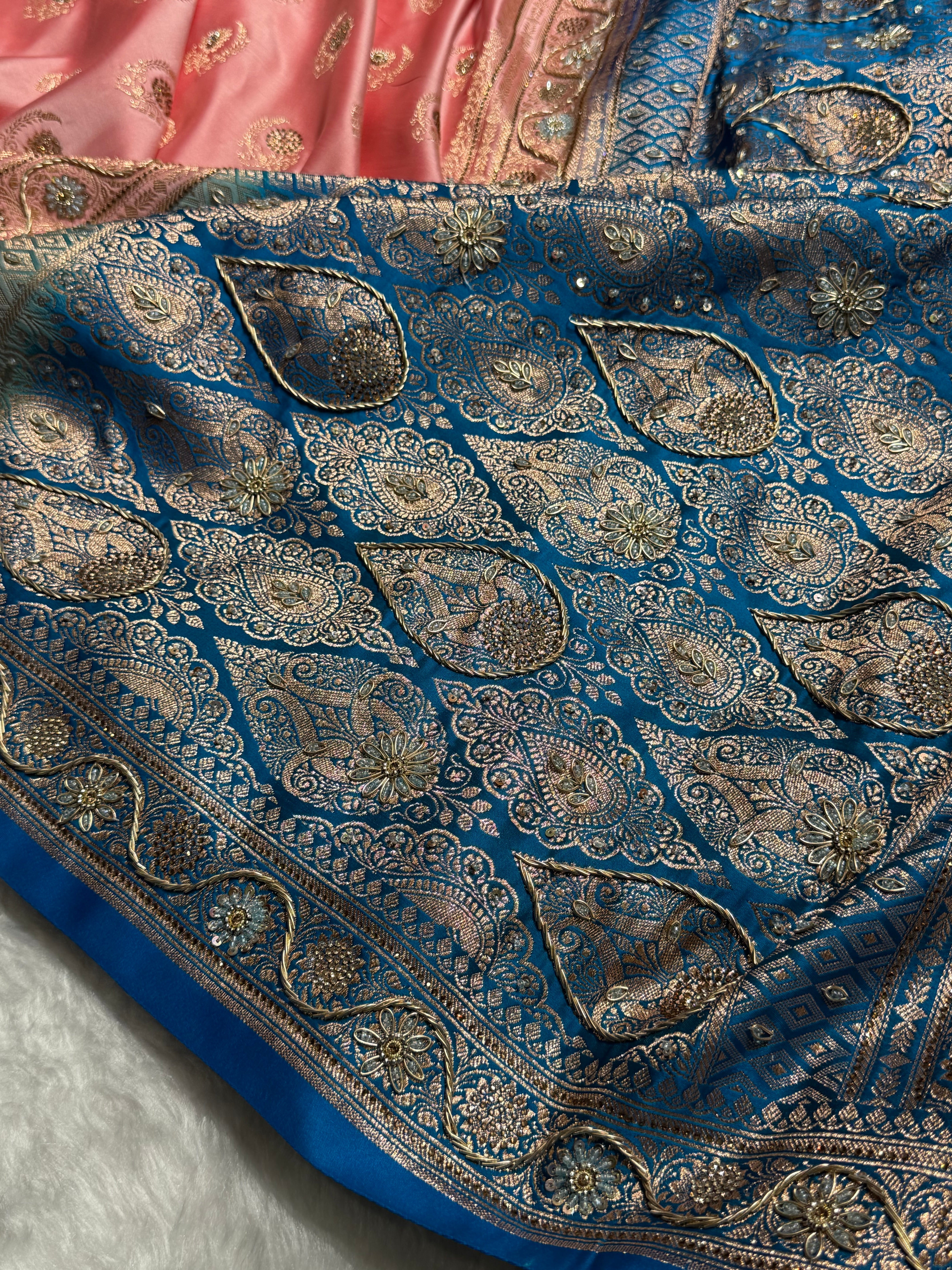 Light Pink with Blue Contrast Floral Boota With Swarovski & Zardozi Work Satin Katan Silk saree BSK27