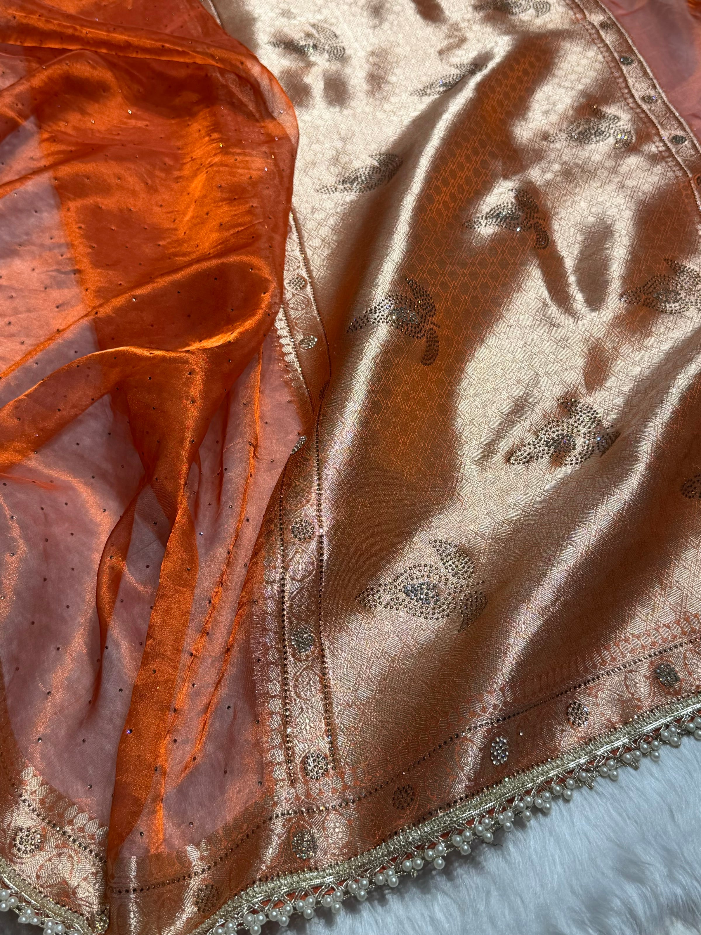 Orange Shades Pure Tissue Silk With Banarasi Swarovski Work Saree with Brocade Blouse BPGPT-09