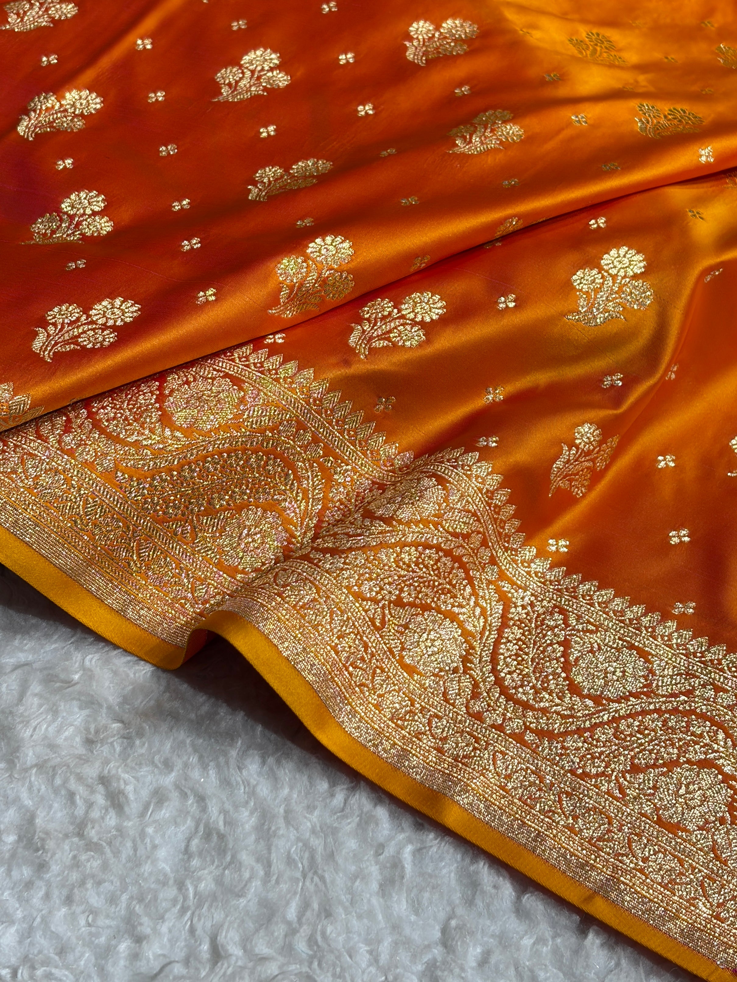 Fire Gold Floral Unique Boota Pattern Satin Katan Silk Saree SK73