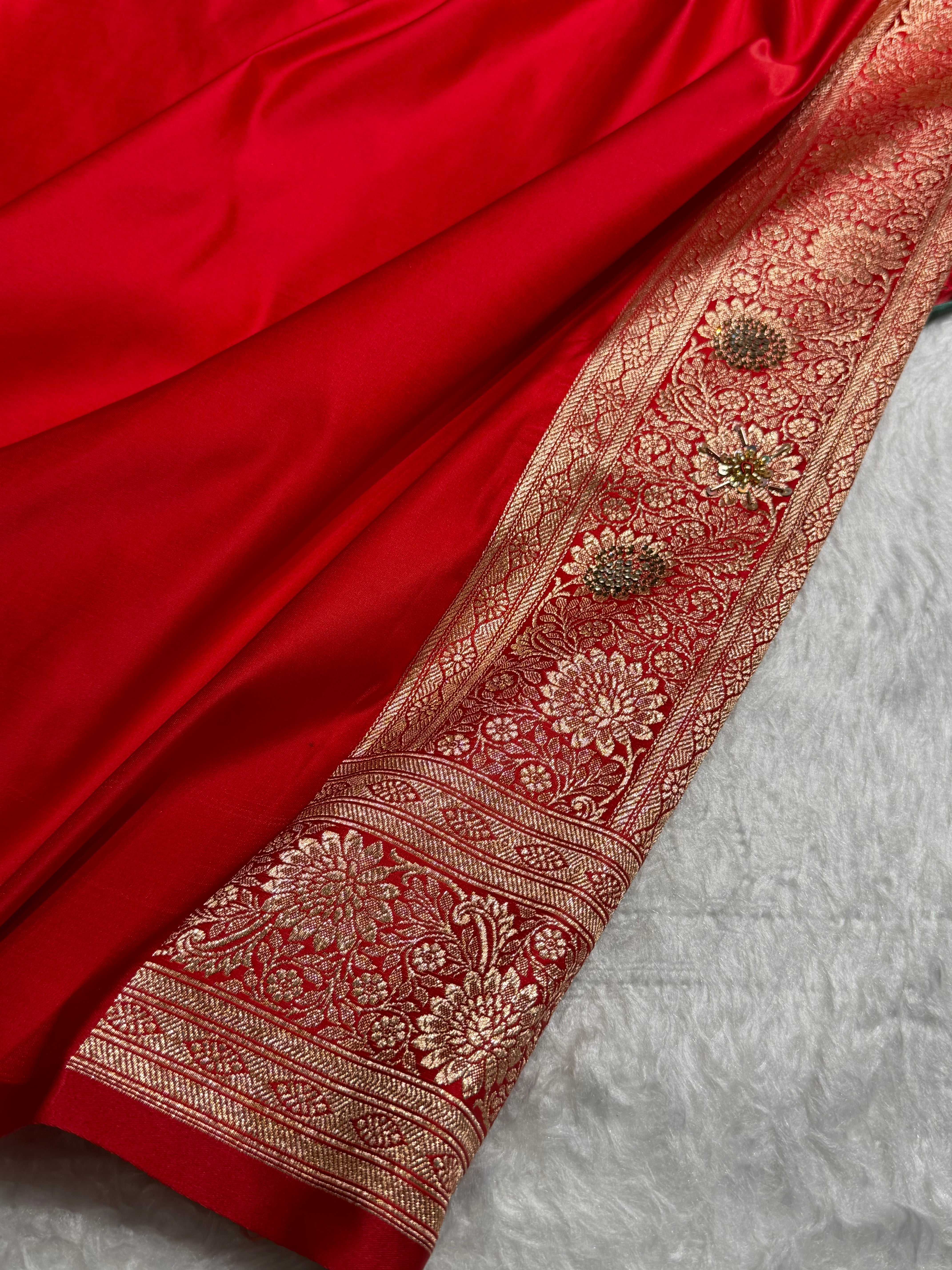 Lavender Red Contrast Booti With Ari & Zardozi Work Satin Katan Silk saree BSK29