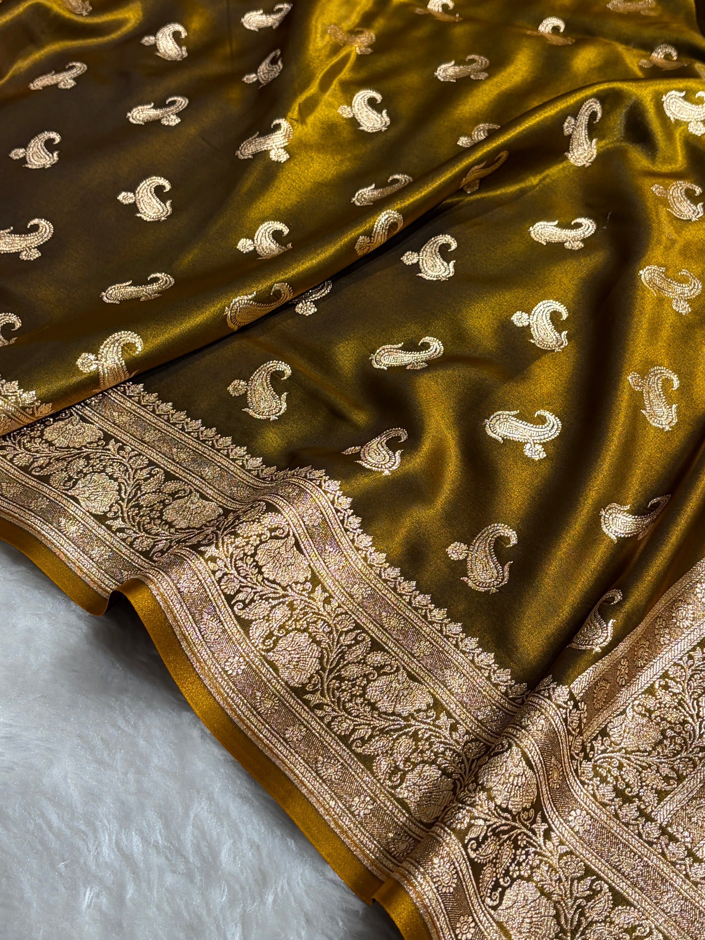 Satin Silk Saree Floral Boota in Mehendi Shades SS27