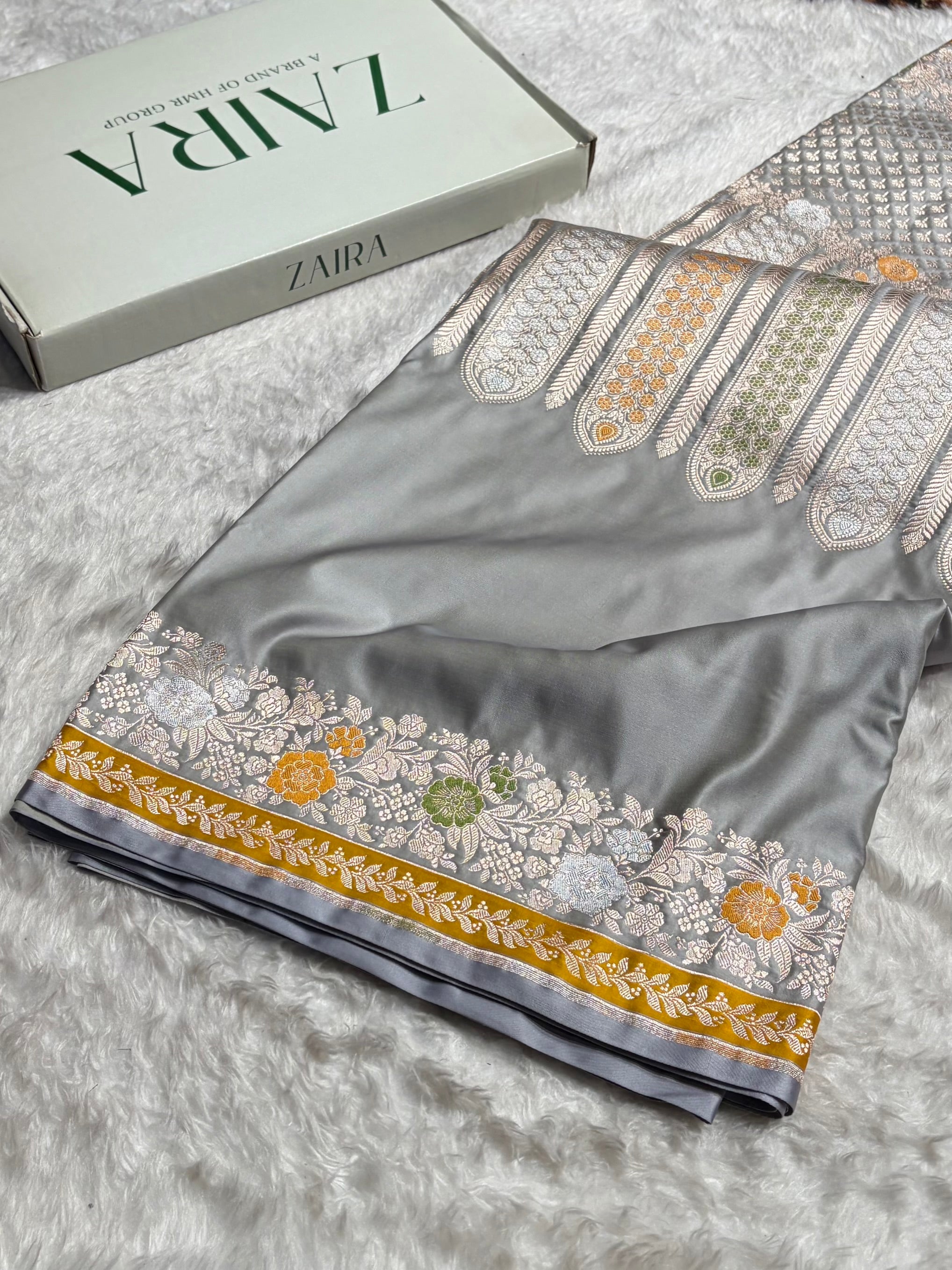 Banarasi Gray Shades Floral Minakari Skirt Border Mashru Silk Saree MSM-83