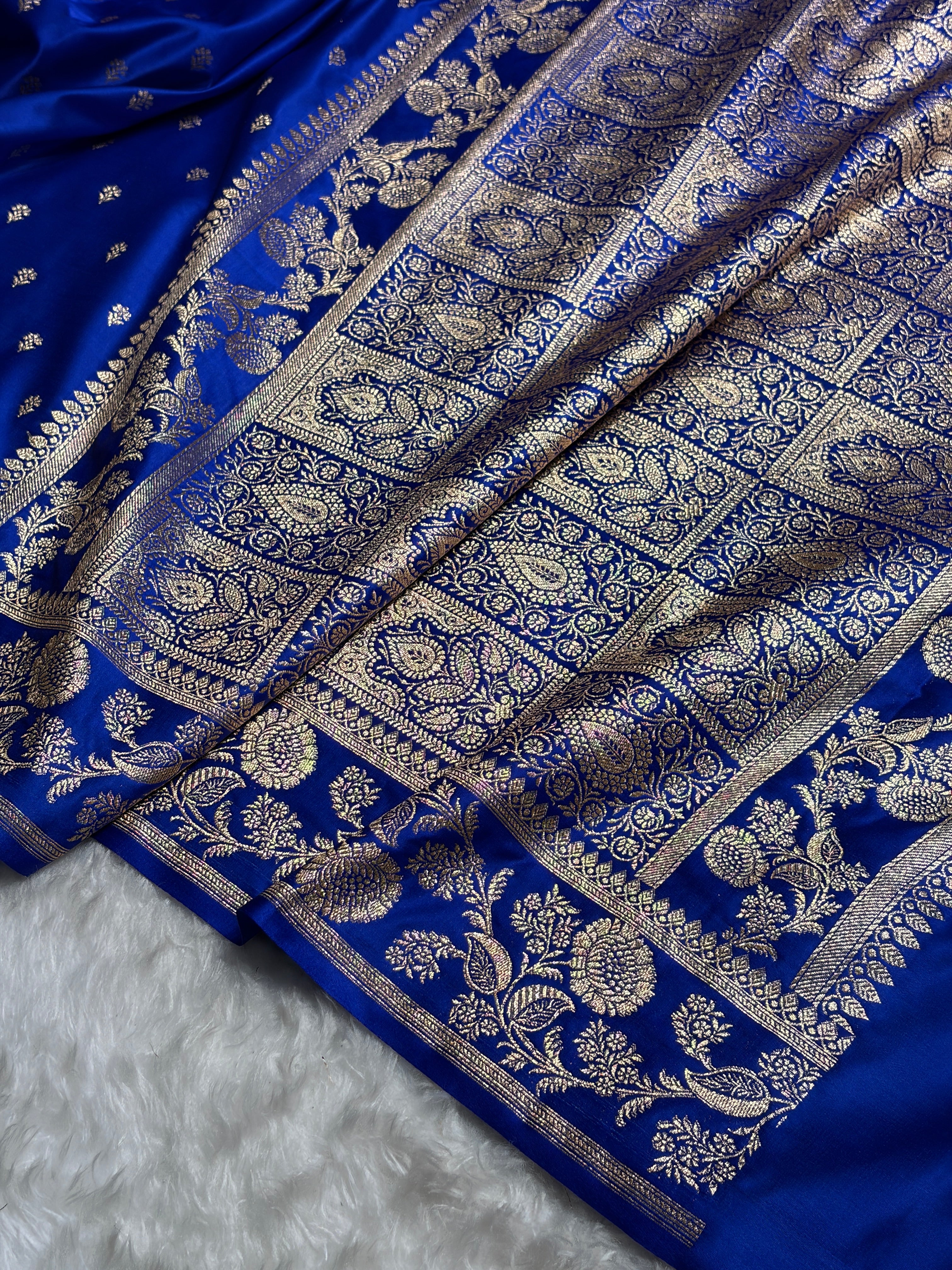 Royal Blue Floral Pattern Satin Katan Silk Saree SK77