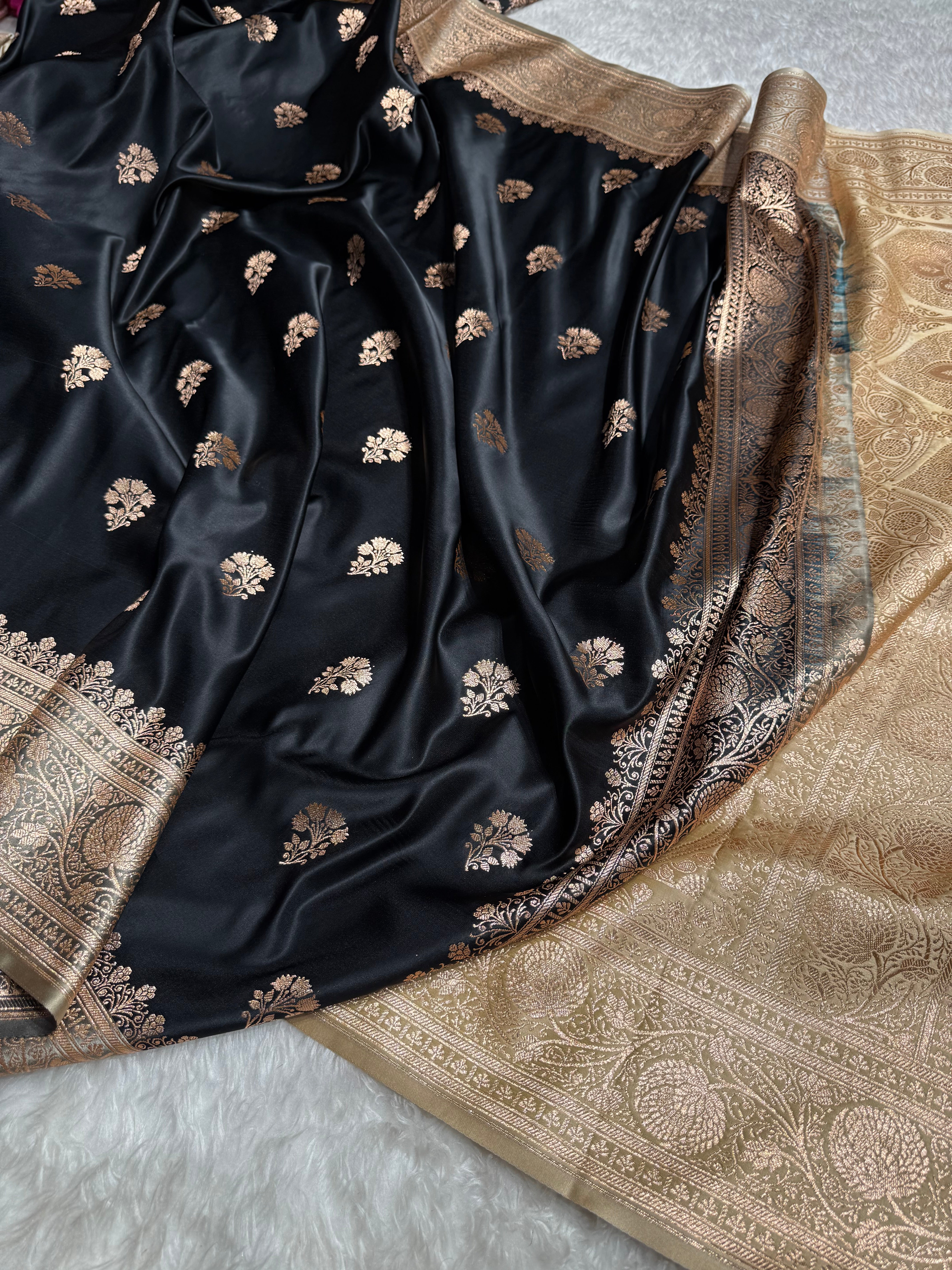 Black - Cream Banarasi Boota Katan Silk Saree