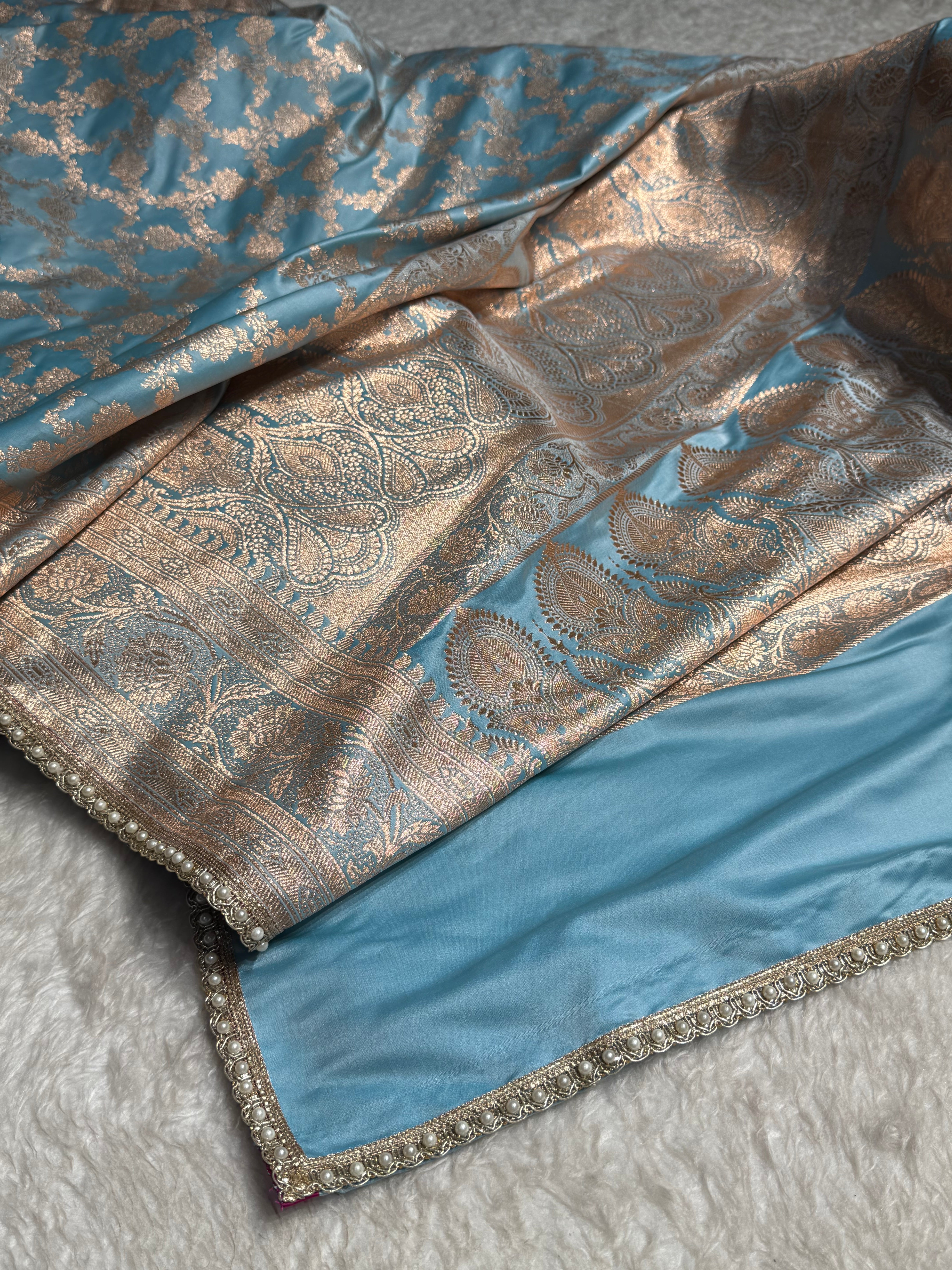 Banarasi Satin Katan Silk Saree In Sky Blue Shades with gotta Patti