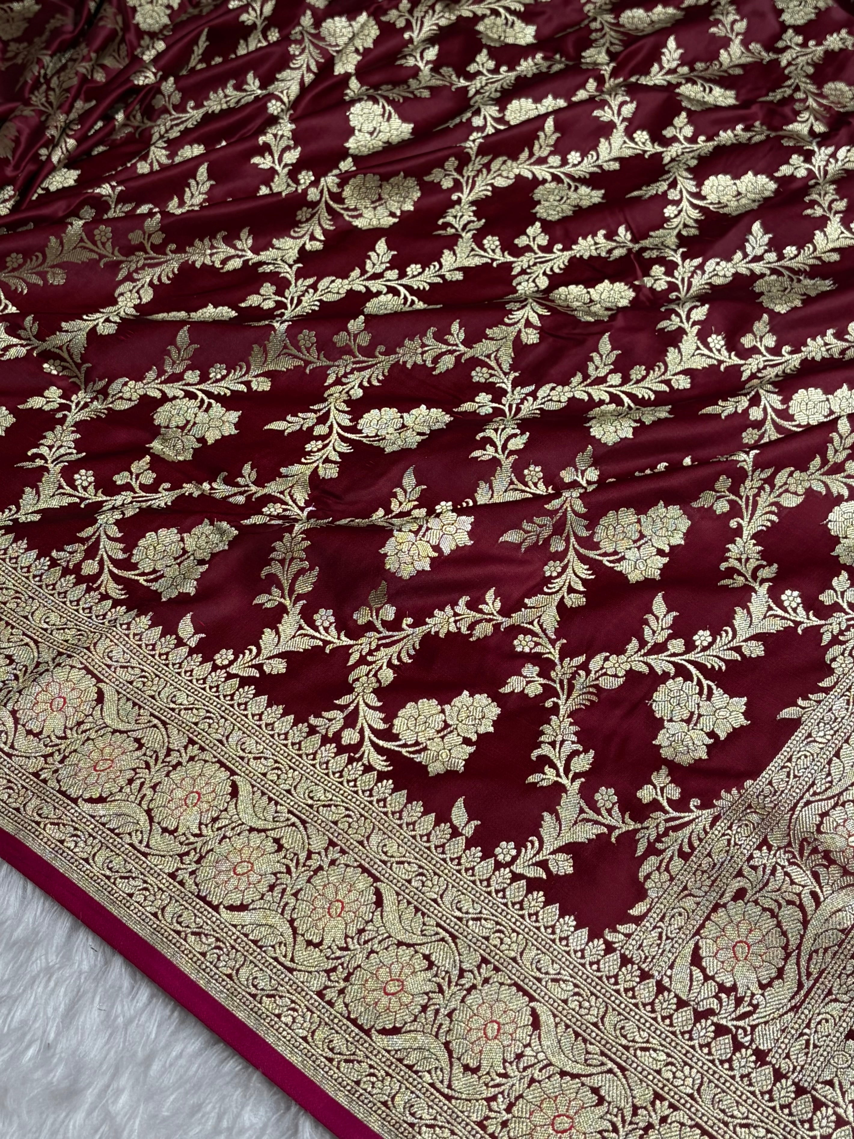 Banarasi Garnet Jaal Soft Katan Silk Saree
