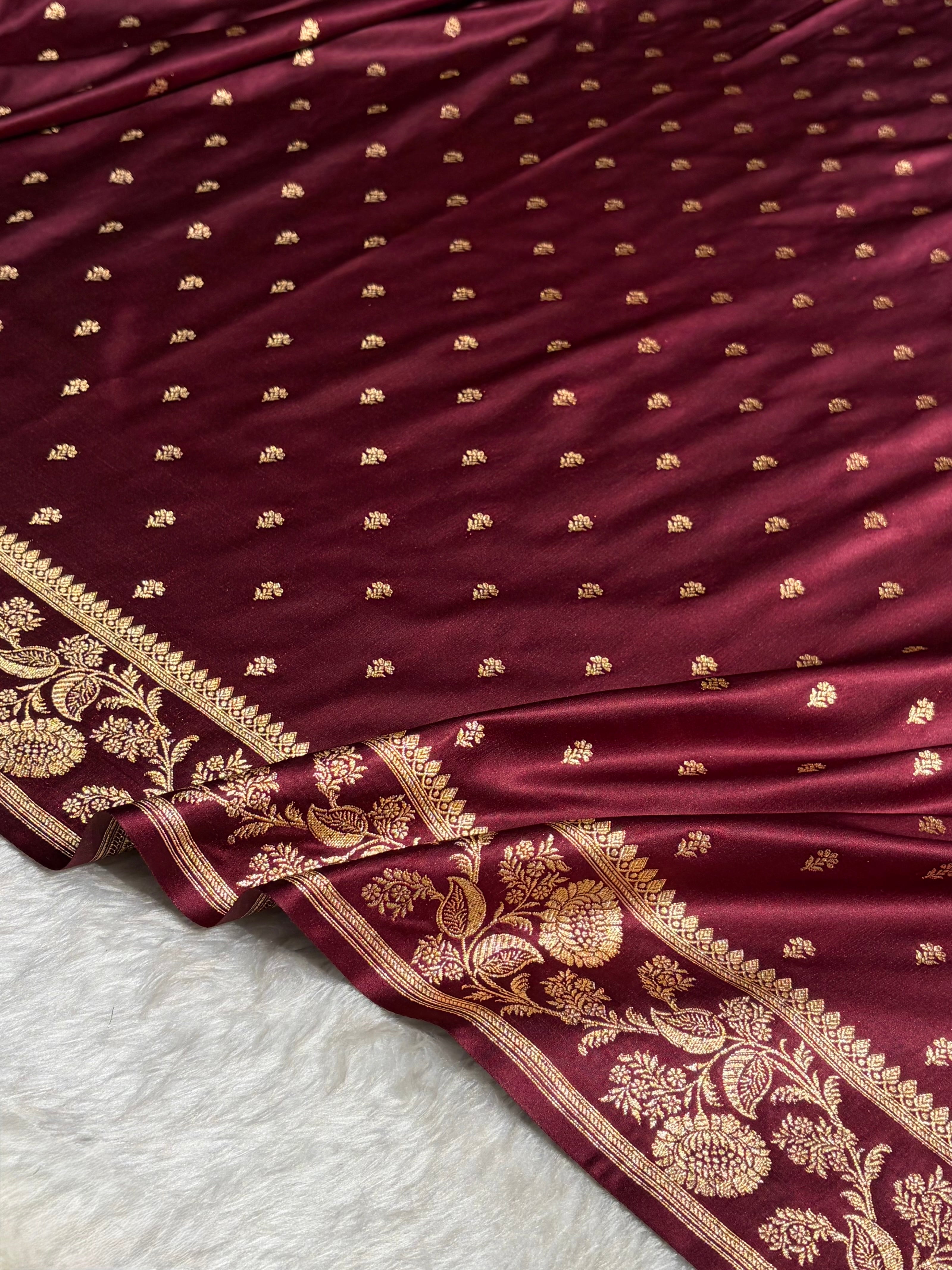 Chocolate Shades Floral Pattern Satin Katan Silk Saree SK77