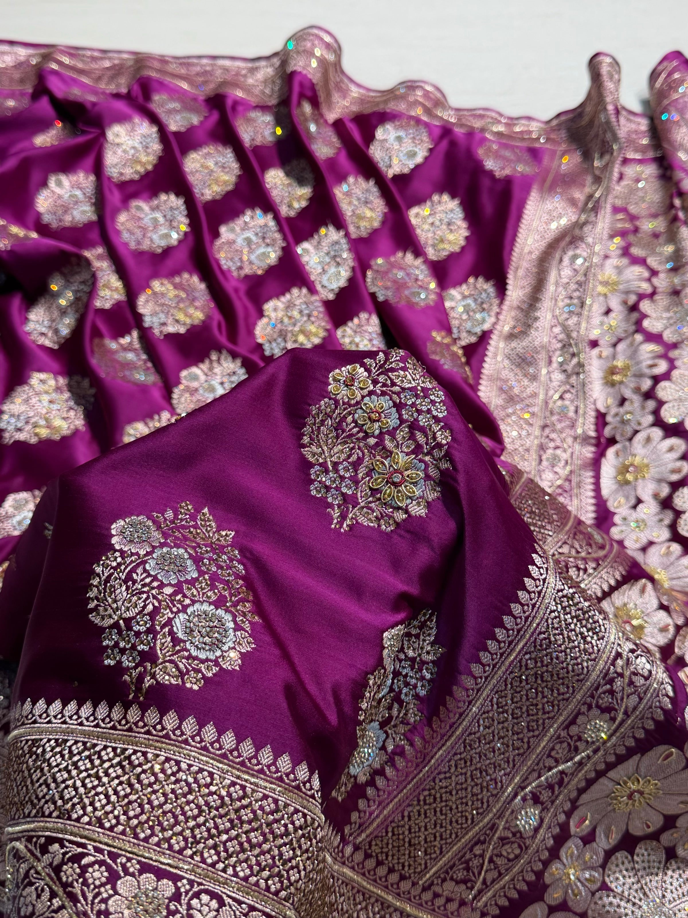 Premium Birdal Banarasi Satin Katan Saree With Swarovski Ari & Zardozi Work Minakari Boota in Wine Shades BSK93