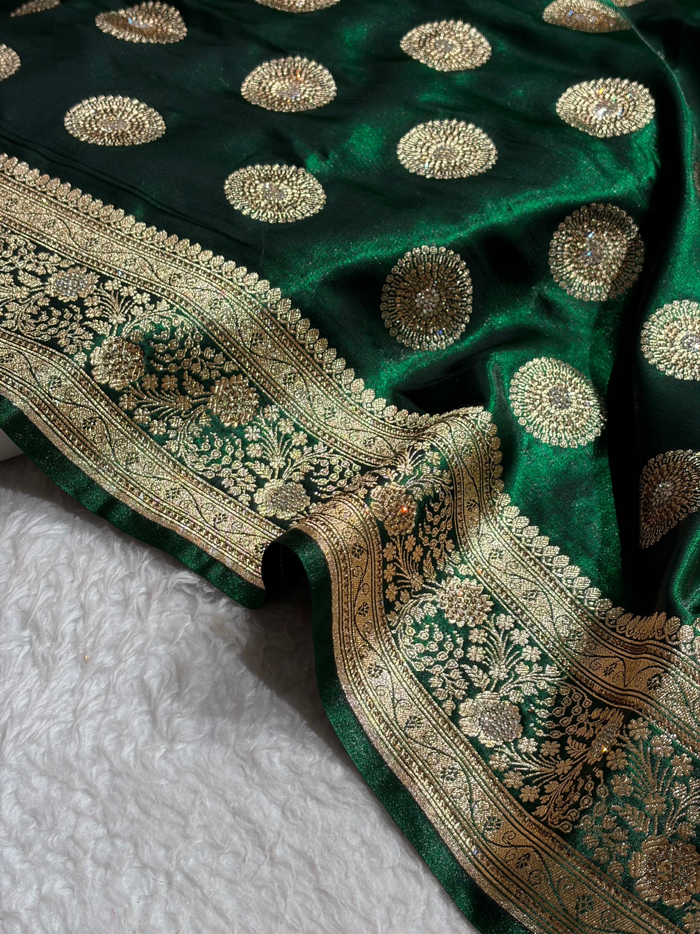 Bottle Green Shades Banarasi With Swarovski Stone Work Satin Silk Saree BSS33