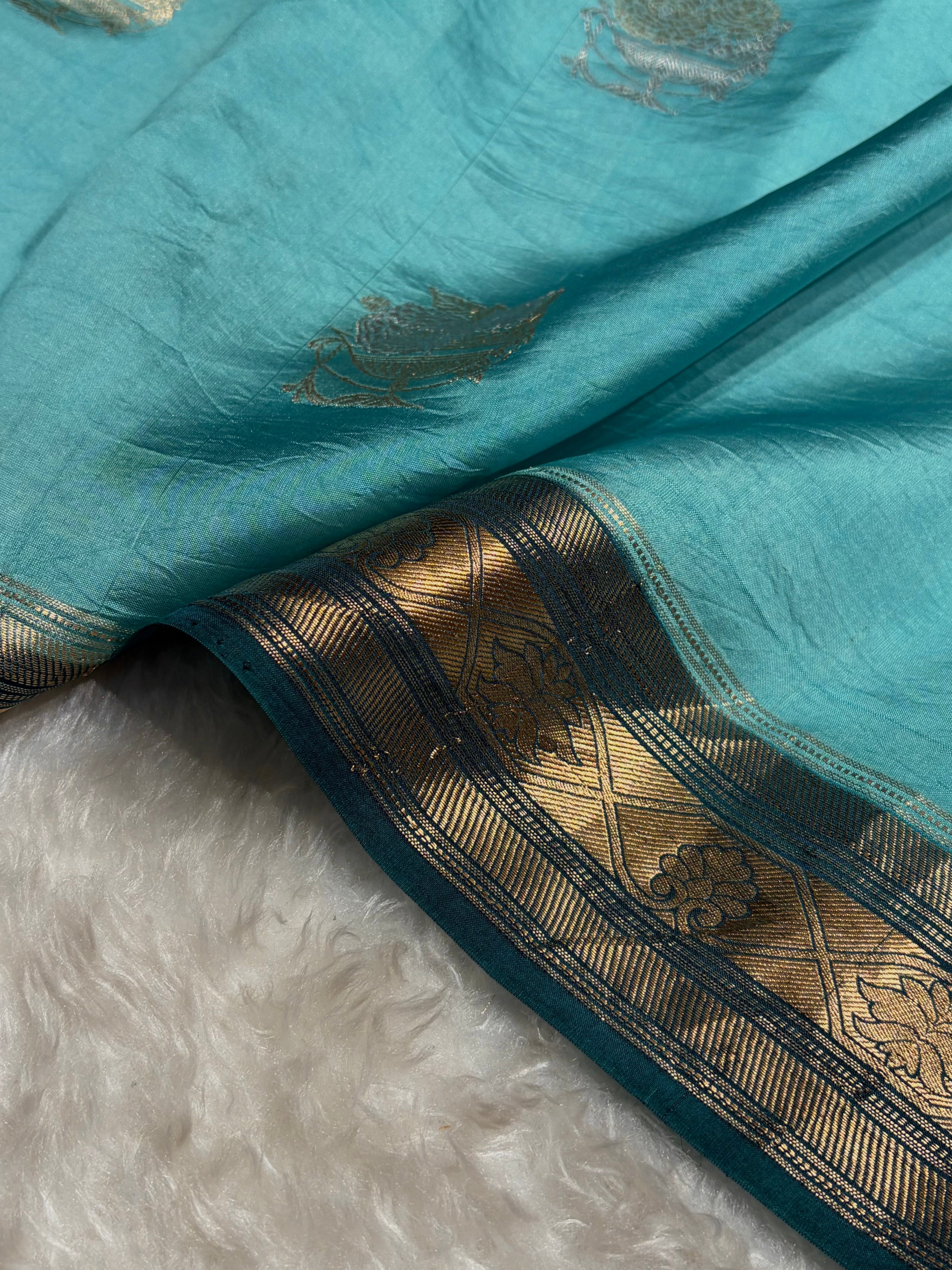 Contrast Firozi With Navy Border Minakari Boota Handwoven Raw Mango Silk RM-29