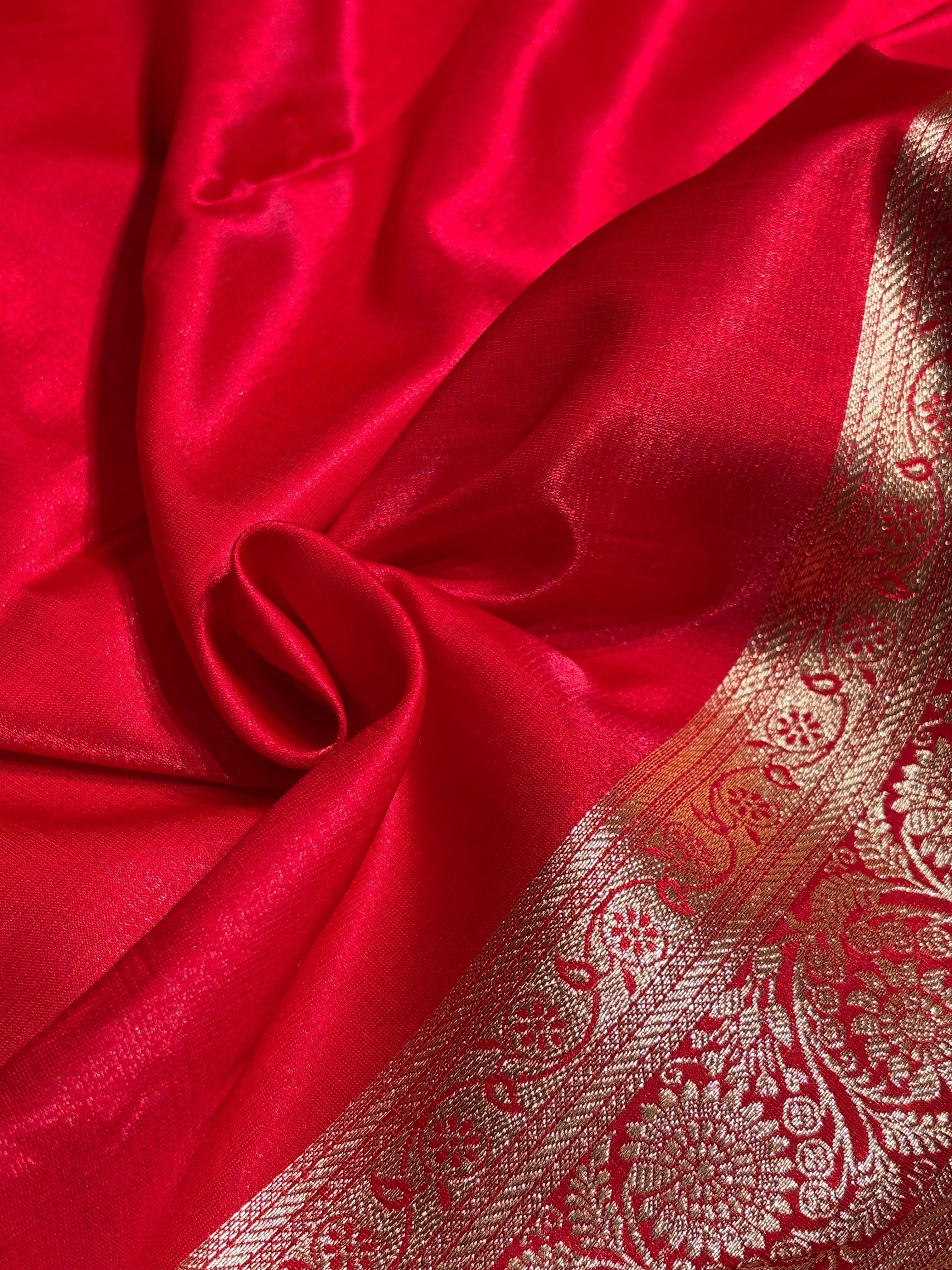 Satin Silk Saree Cross with Booti in Ruby Red Shades SS24