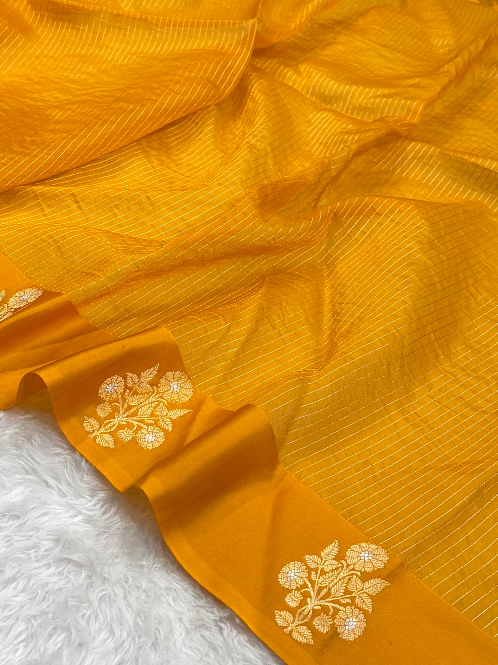 Pure Banarasi Organza Mustard Shades With Satin Border Floral Banarasi Silk Saree PO-22