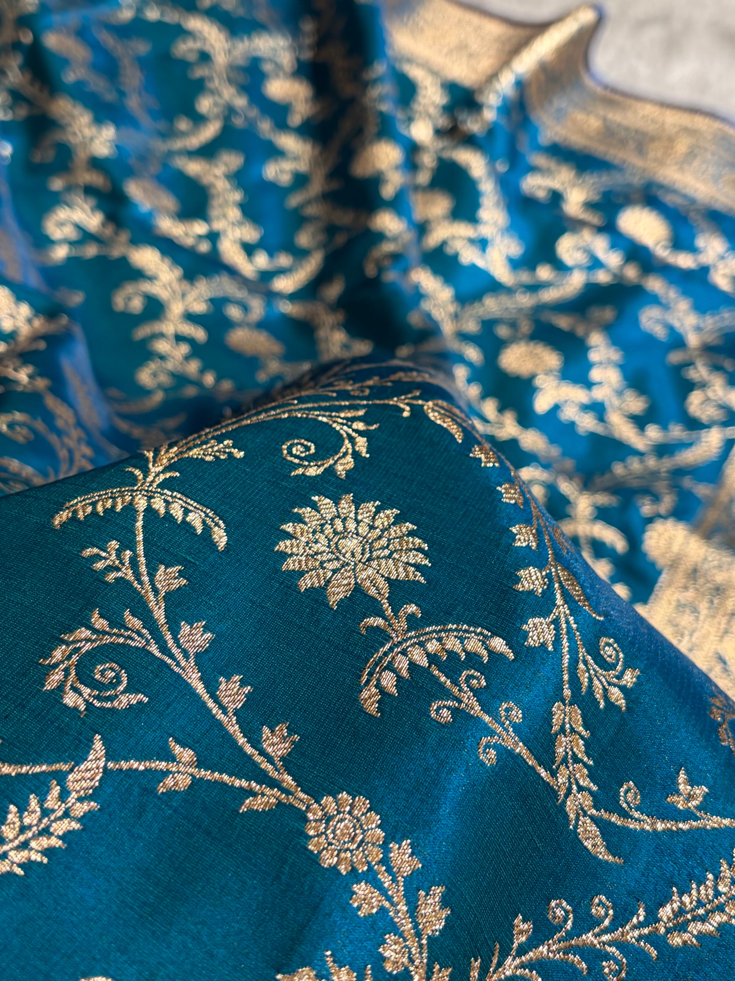 Satin Silk Unique Jaal Pattern In Peacock Shades