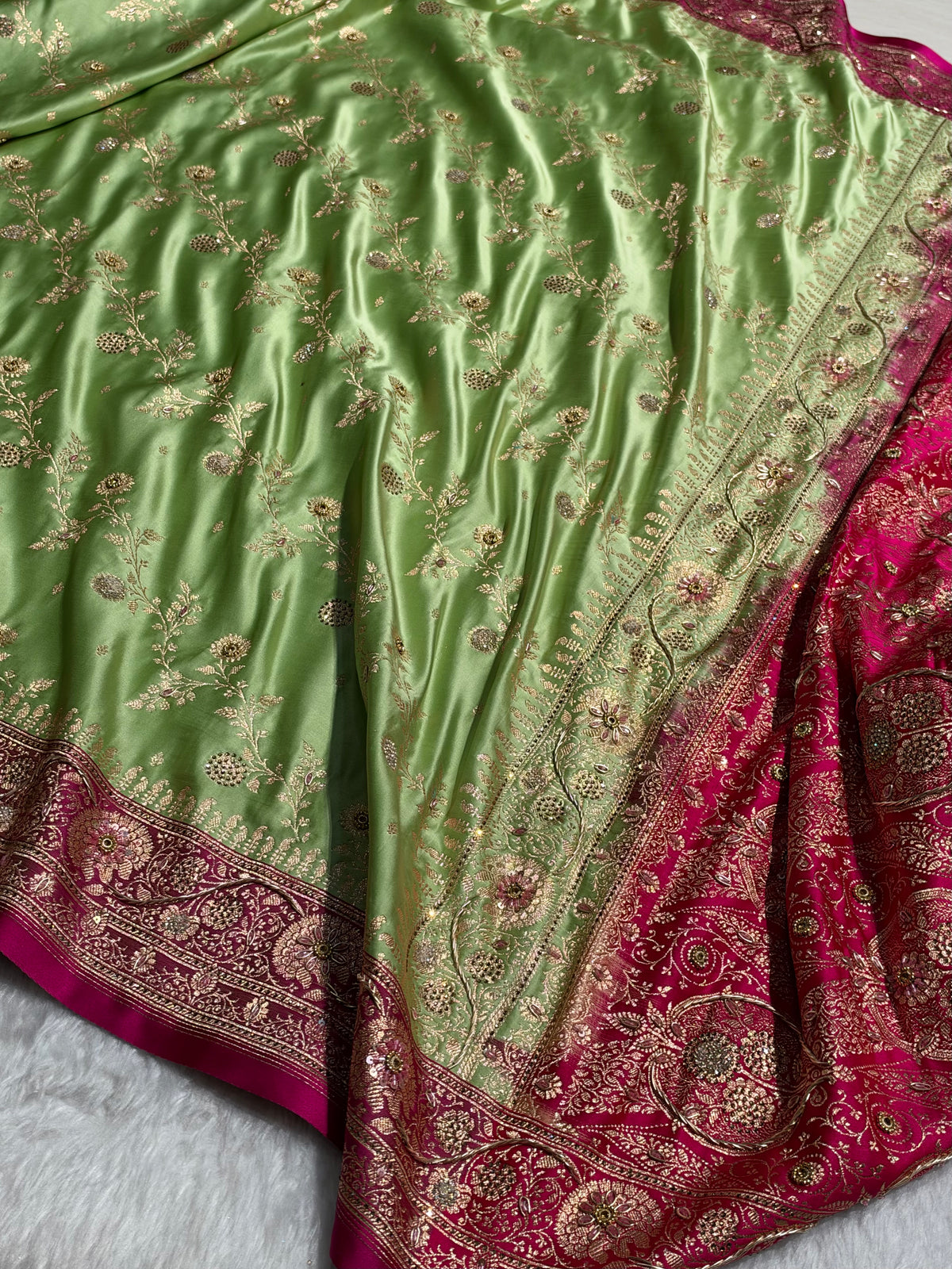Pista and Rani Contrast Banarasi Satin Katan Saree With Aari Zardozi Work Boota in Cross Pista Green Shades BSK157