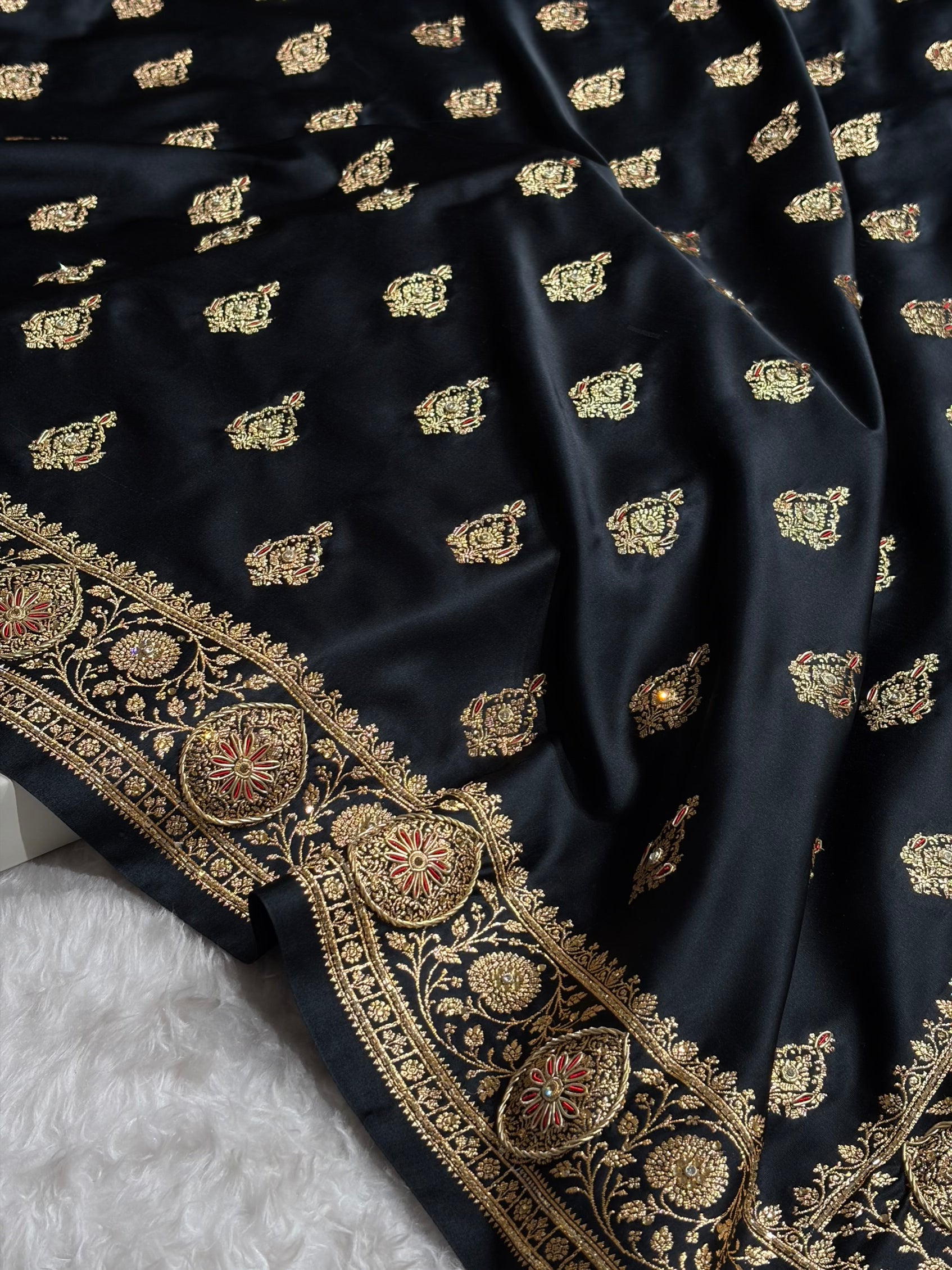 Banarasi Satin Katan Saree With Aari Zardozi Work Boota in Black Shades BSK98