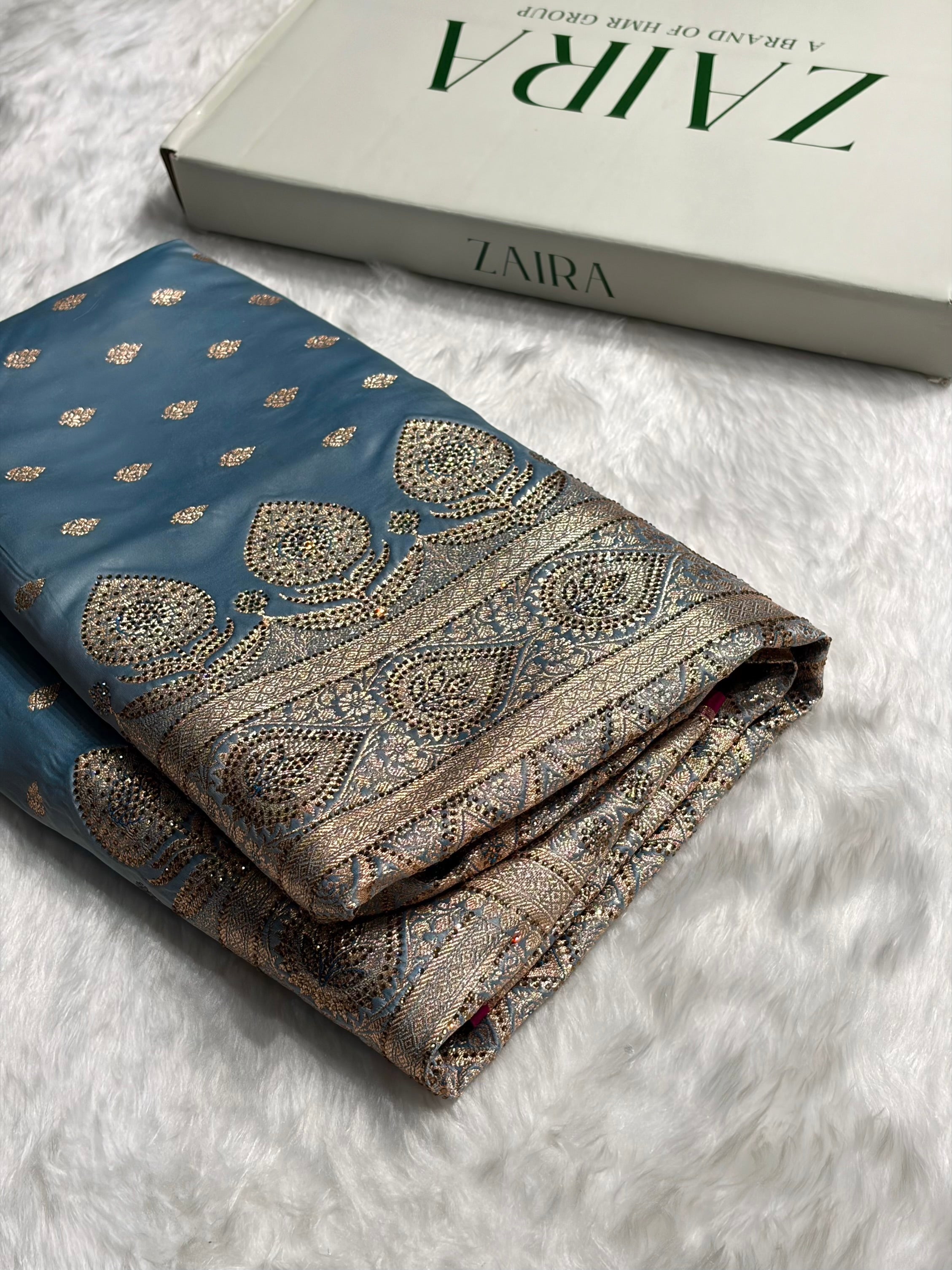 Sky Blue Swarovski Work Booti Satin Katan Silk Saree BSK10