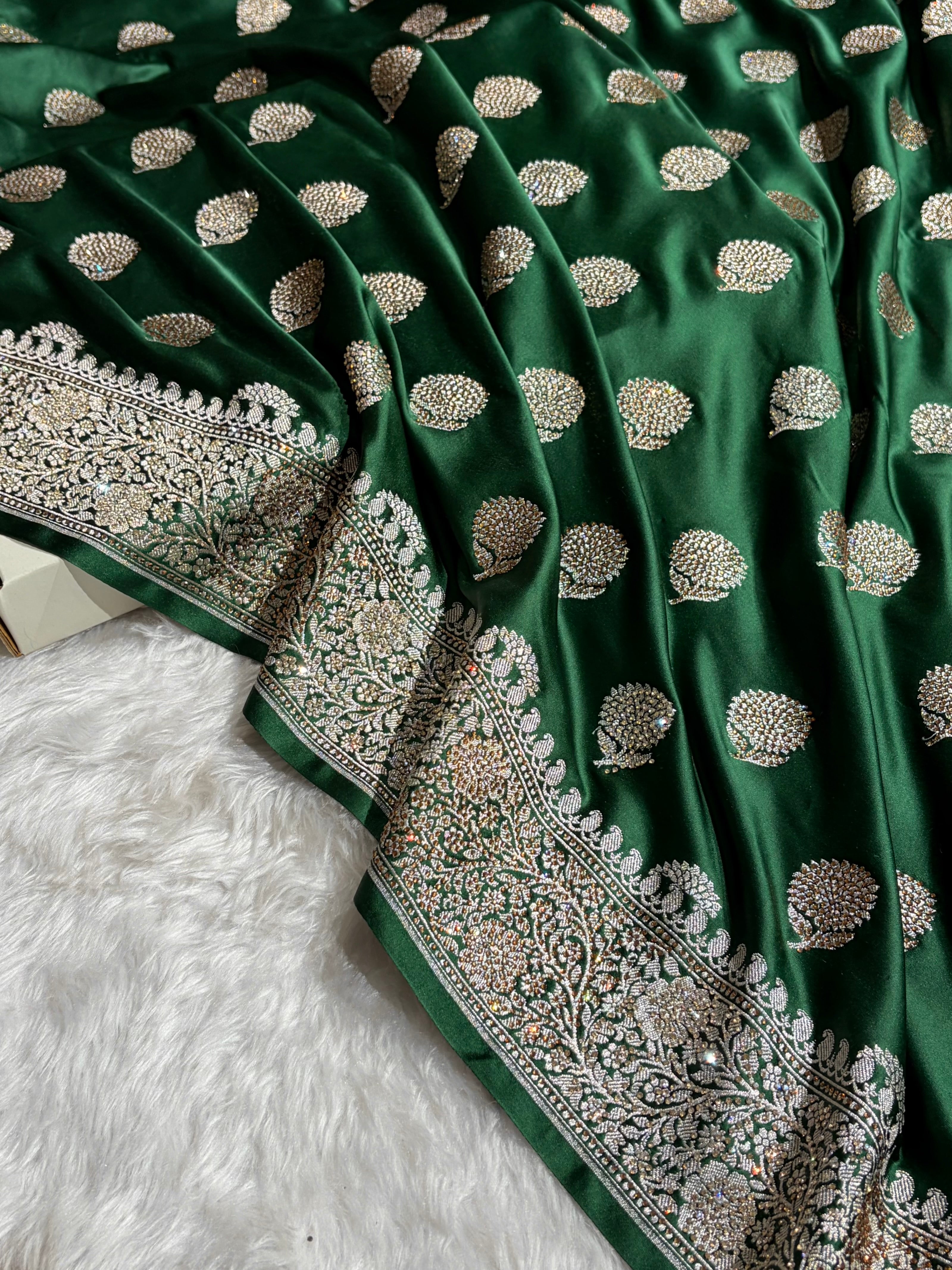 Bottle Green Tree Boota With Swarovski Work Mashru Silk Saree BMS19