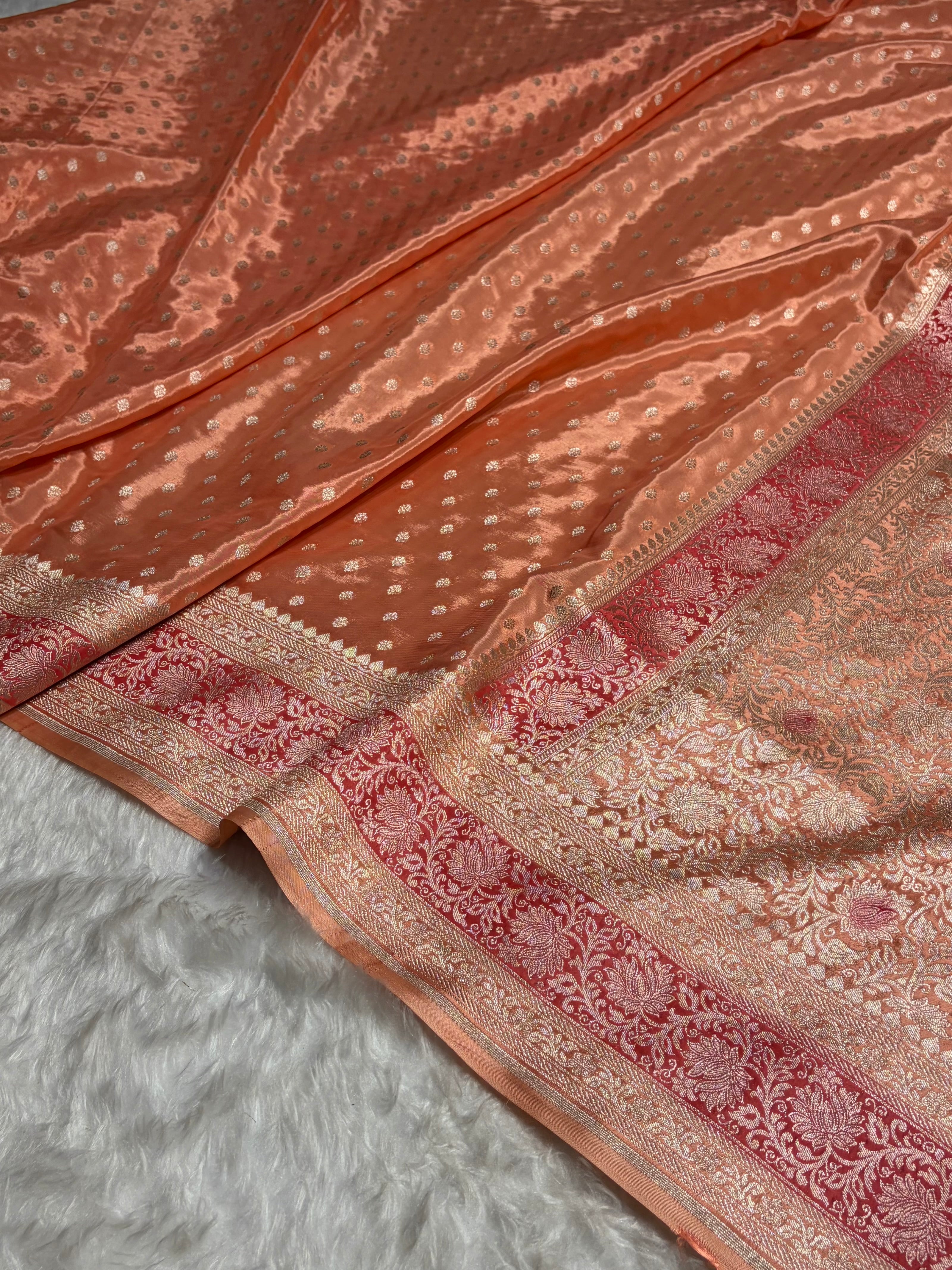 Peach Shades With Contrast Border Crepe Silky Katan Banarasi Saree CSK-02