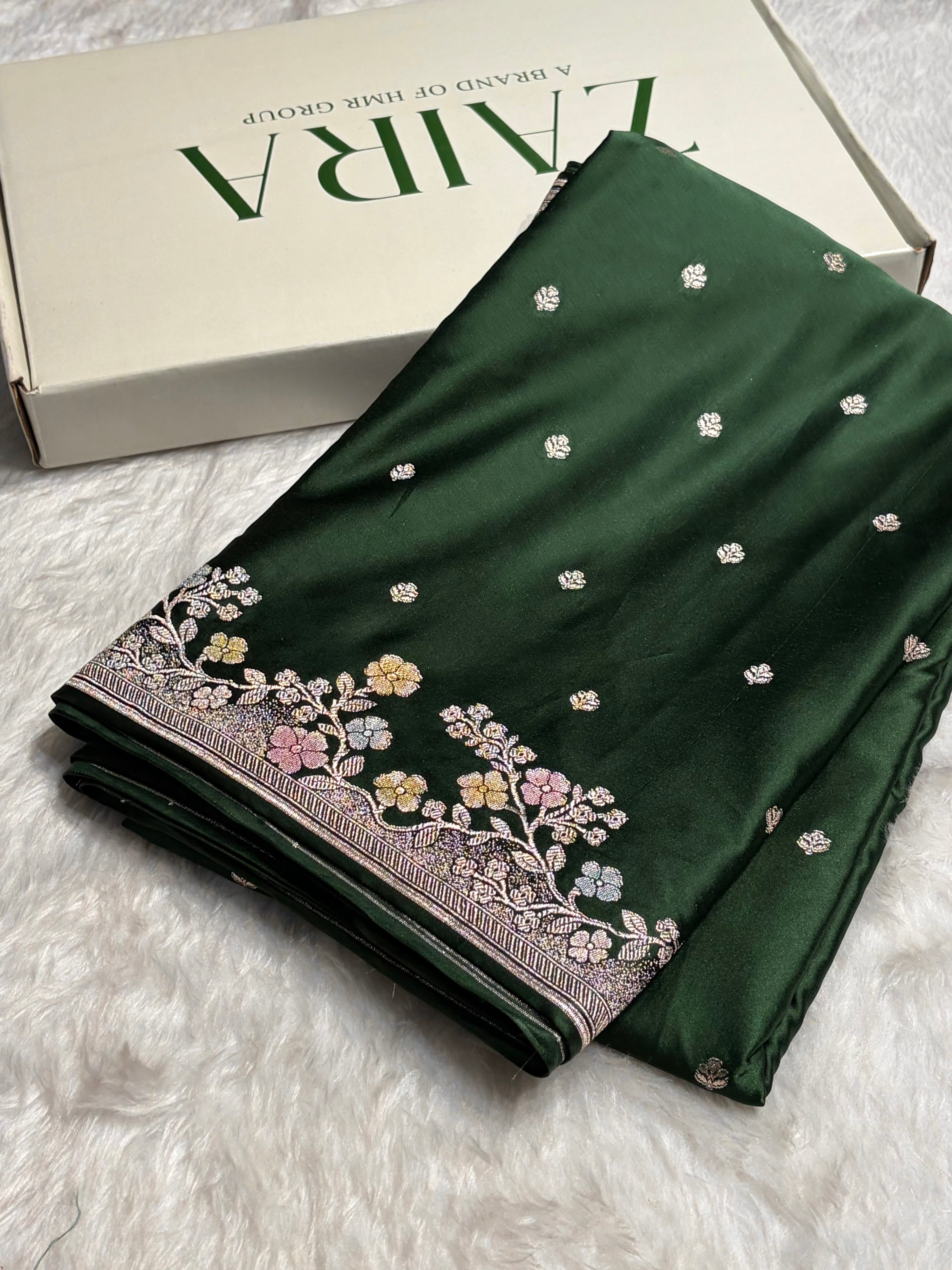 Bottle Green Shades Minakari Floral Border Booti Mashru Silk Saree MS75