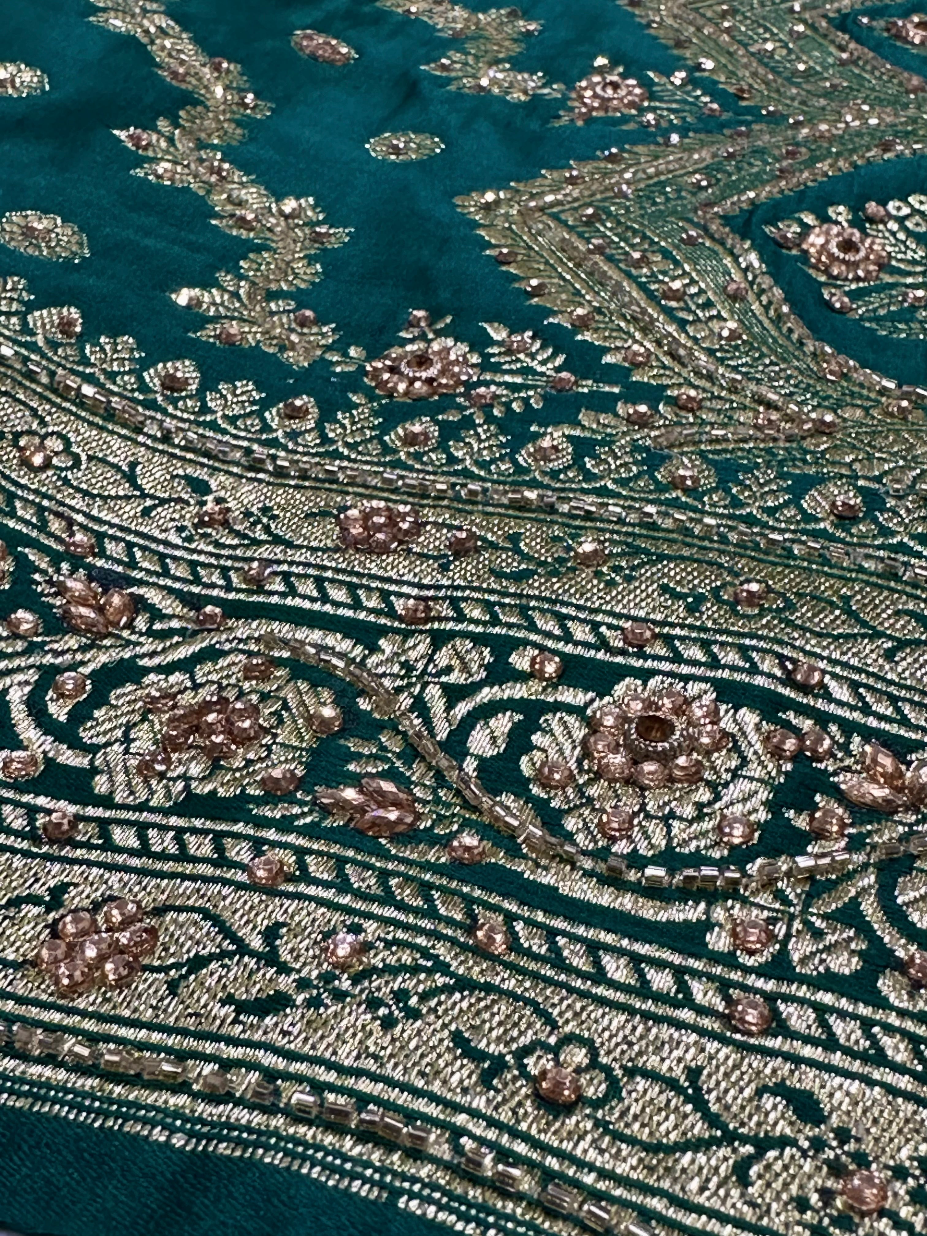 Dark Seagreen Satin silk with Ari Stone work