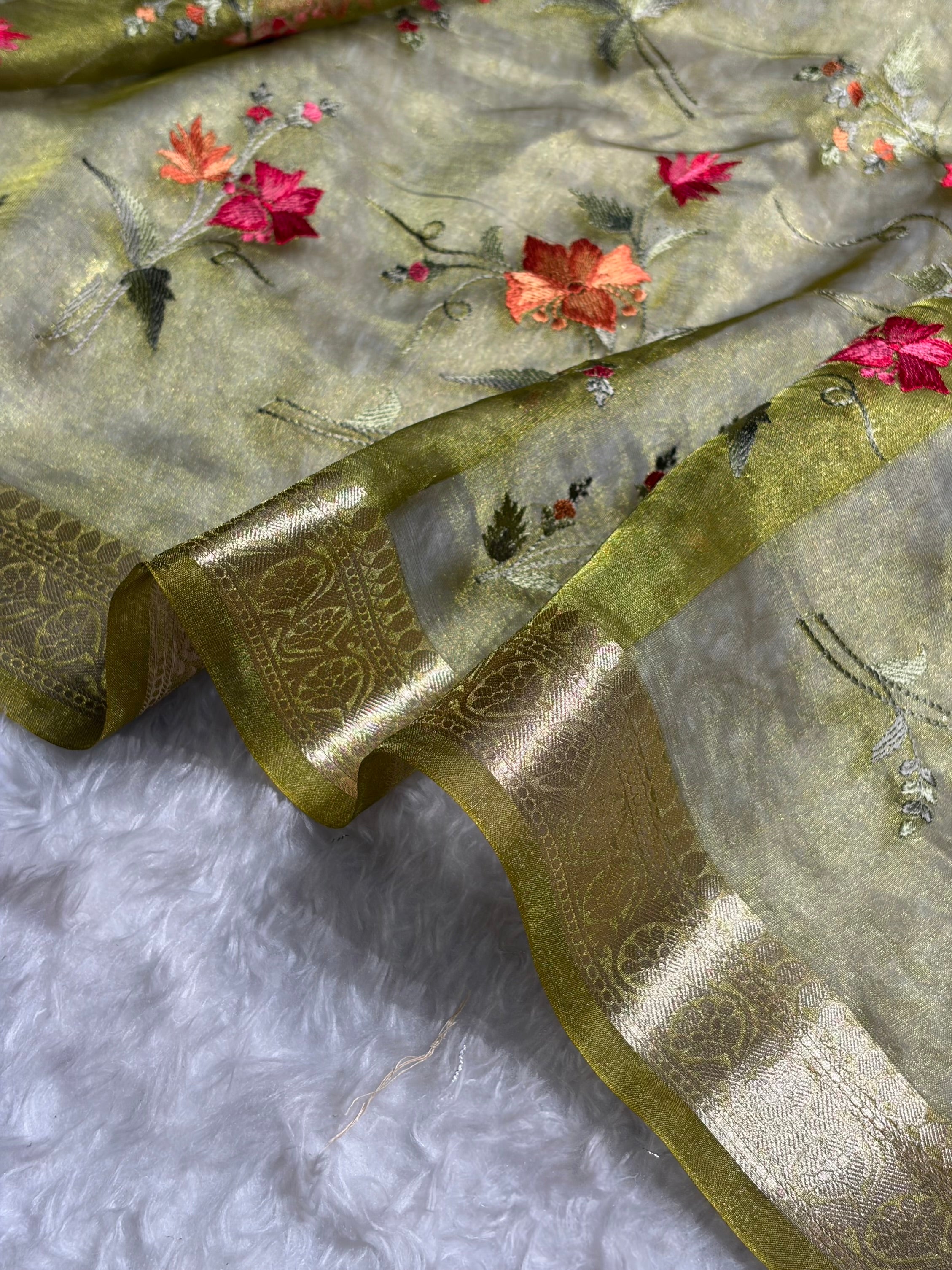 Light Green Shades With Floral Embroidered Pure Tissue Silk Saree with Brocade Blouse PTE-09