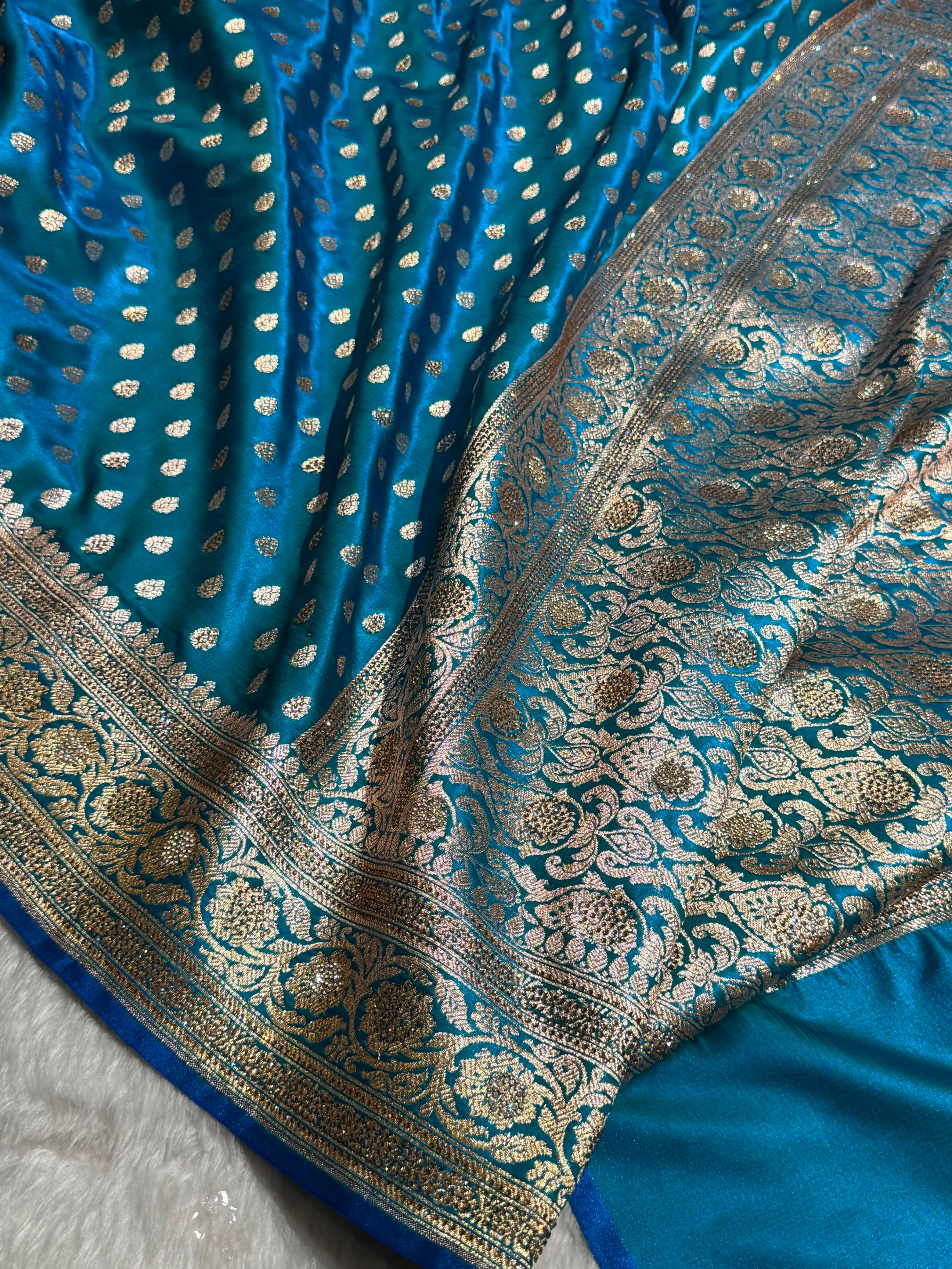 Birdal Satin Silk With Swarovski Work Booti in Firozi Shades BSS01 (w)