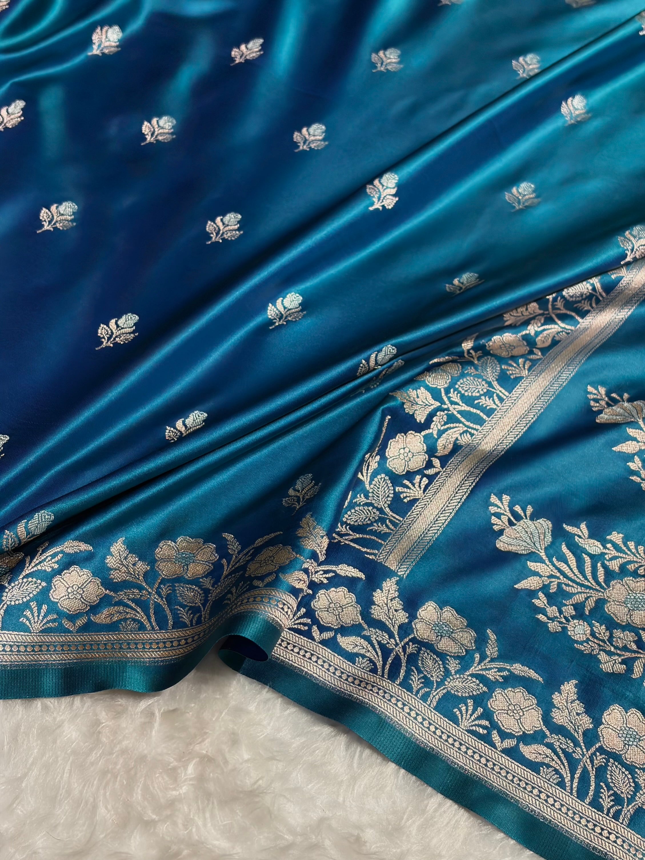 Peacock Blue Boota With Floral Border Mashru Silk Saree MSM-85