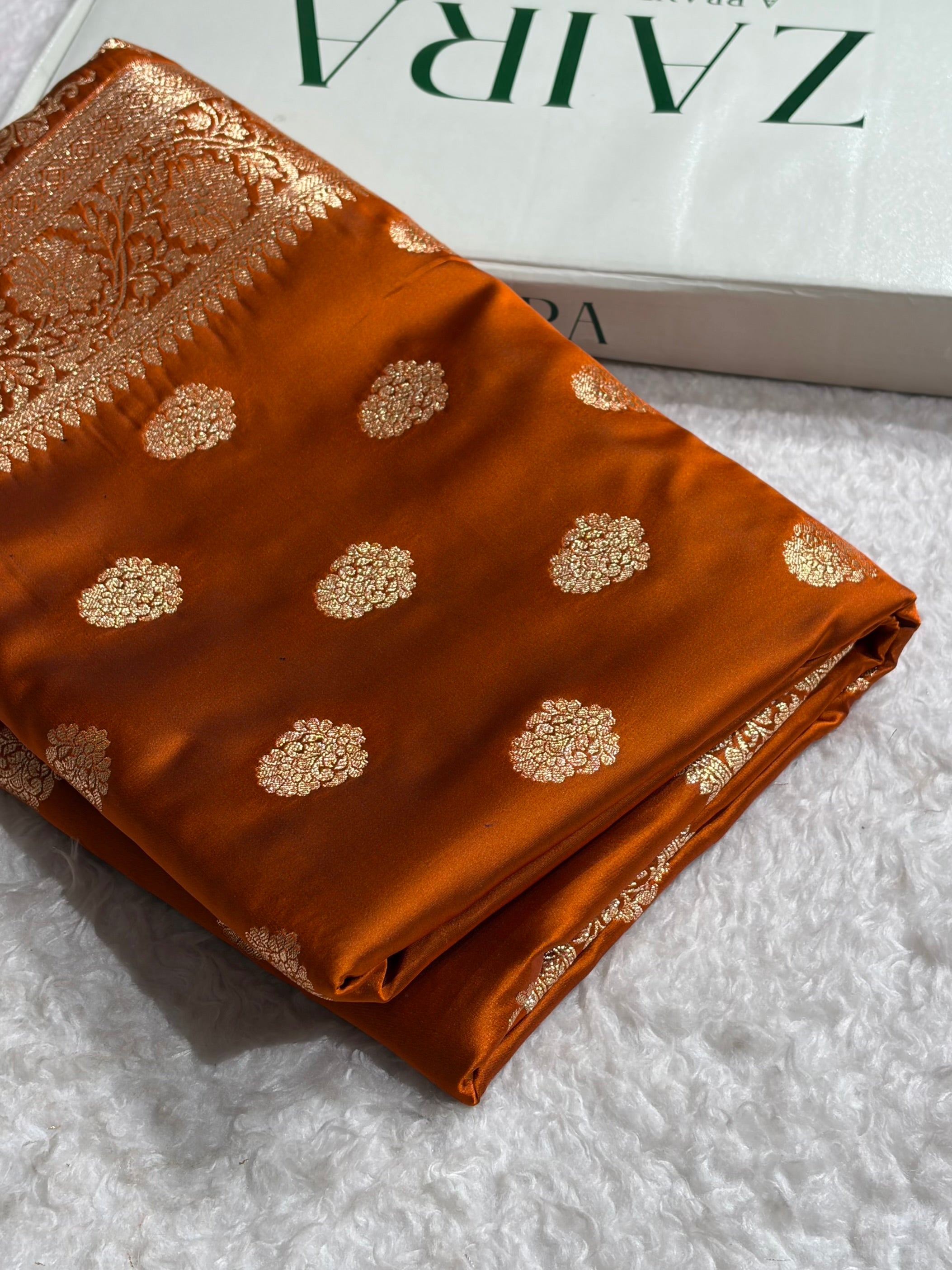 Banarasi Satin Katan Saree With Boota in Rust Shades SK109