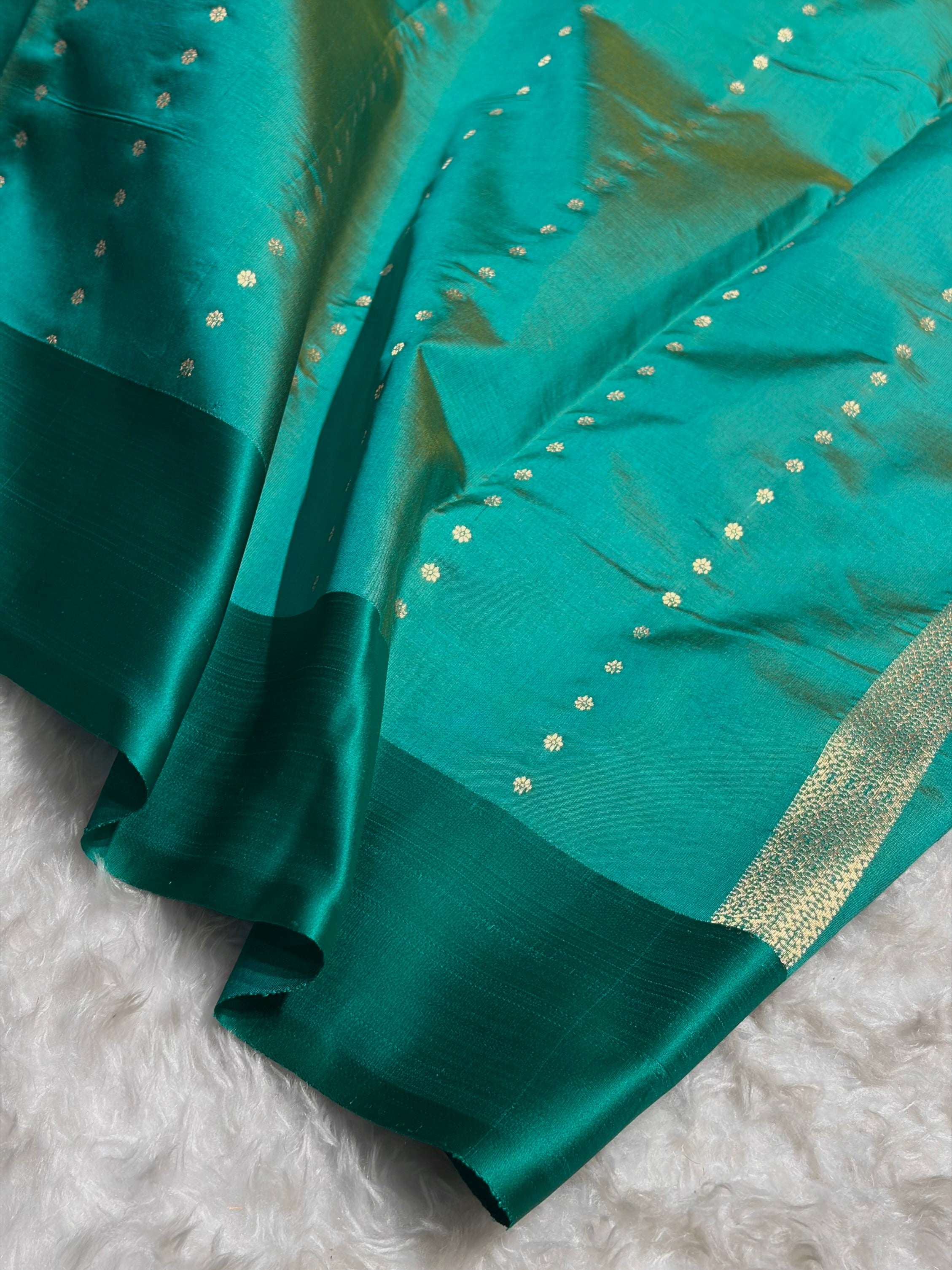 Contrast Pure Banarasi Organza Mustard With Rama Floral Banarasi Silk Saree PO-12