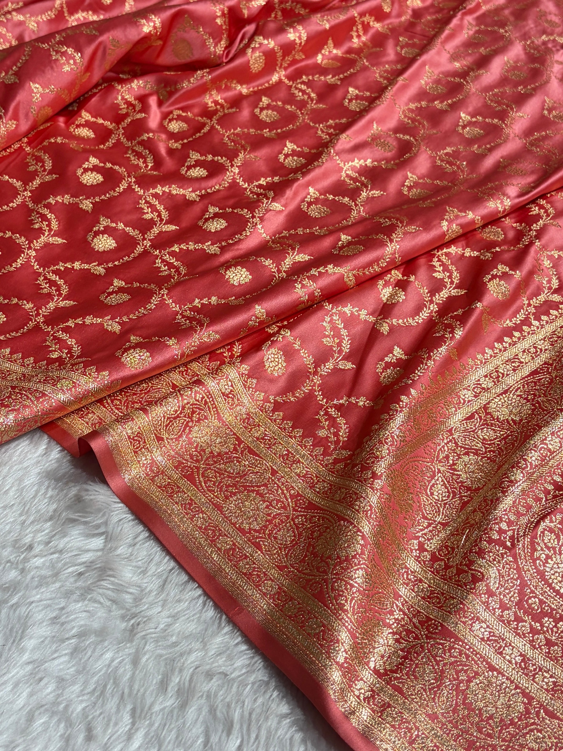 Strawberry Shades Floral Jaal Pattern Satin Katan Silk saree SK55