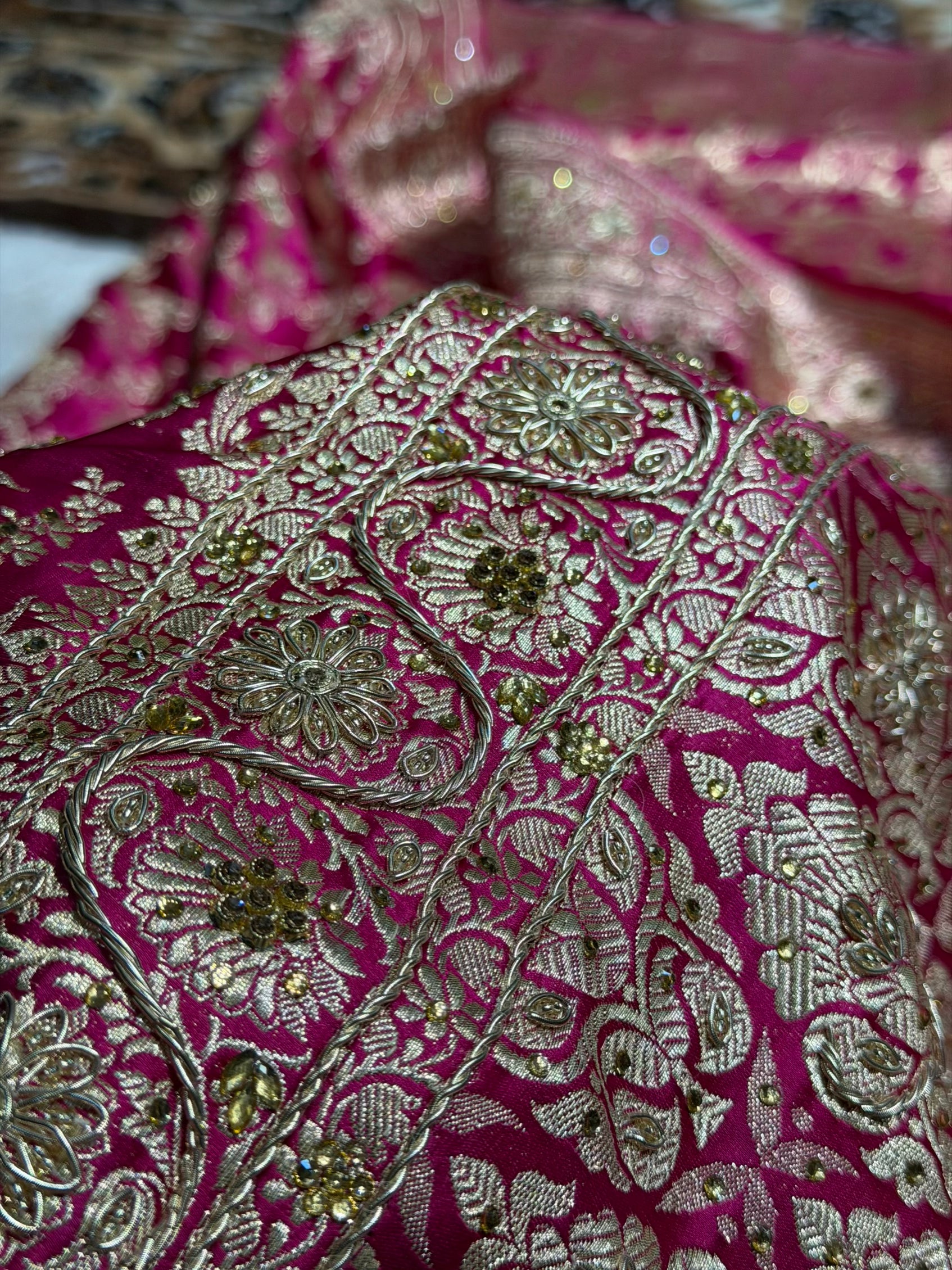 Pure Handloom Bridal Rani Katan Silk Banarasi Saree with Zardozy, Ari and Stone work PBSK01