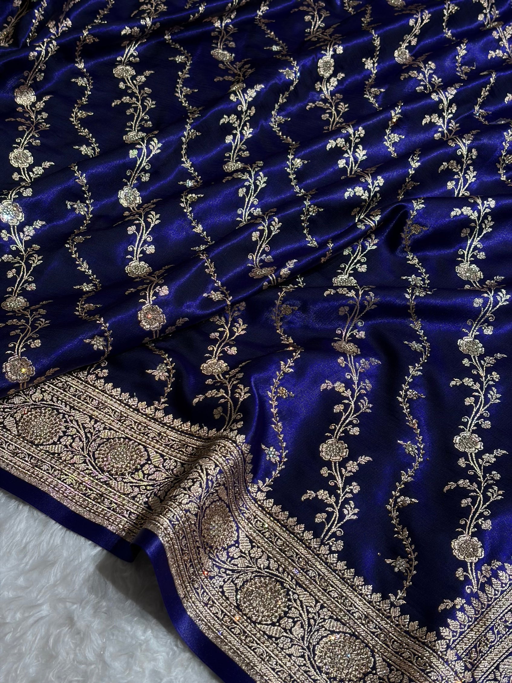 Satin Silk Cross Pattern With Swarovski Work in Royal Blue Shades BSS37