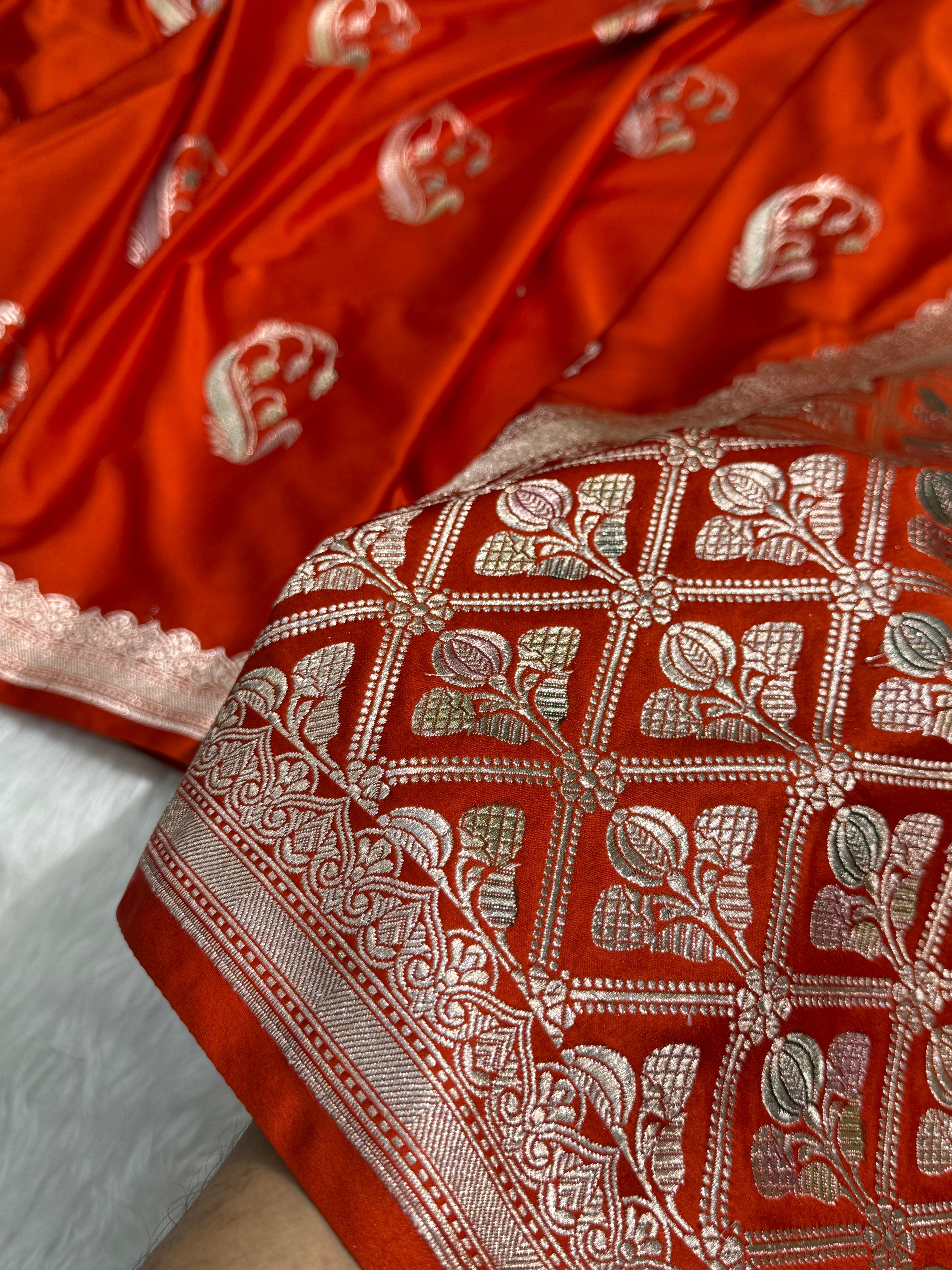 Rust Orange Unique Boota Motif Mashru Silk Saree