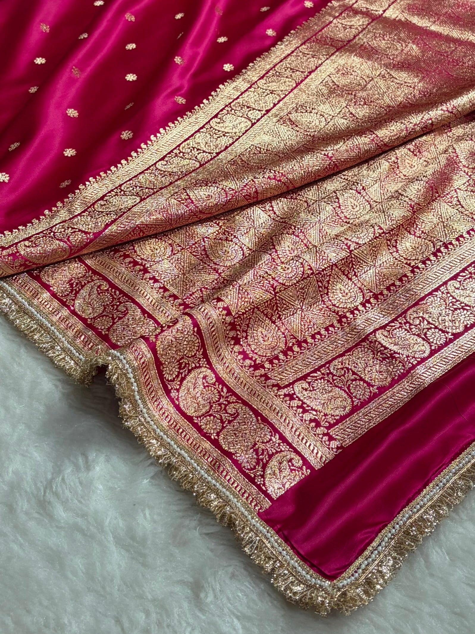 Banarasi Satin Katan Saree With Gotta Patti Boota Pattern in Cross Rani Shades SKGP127
