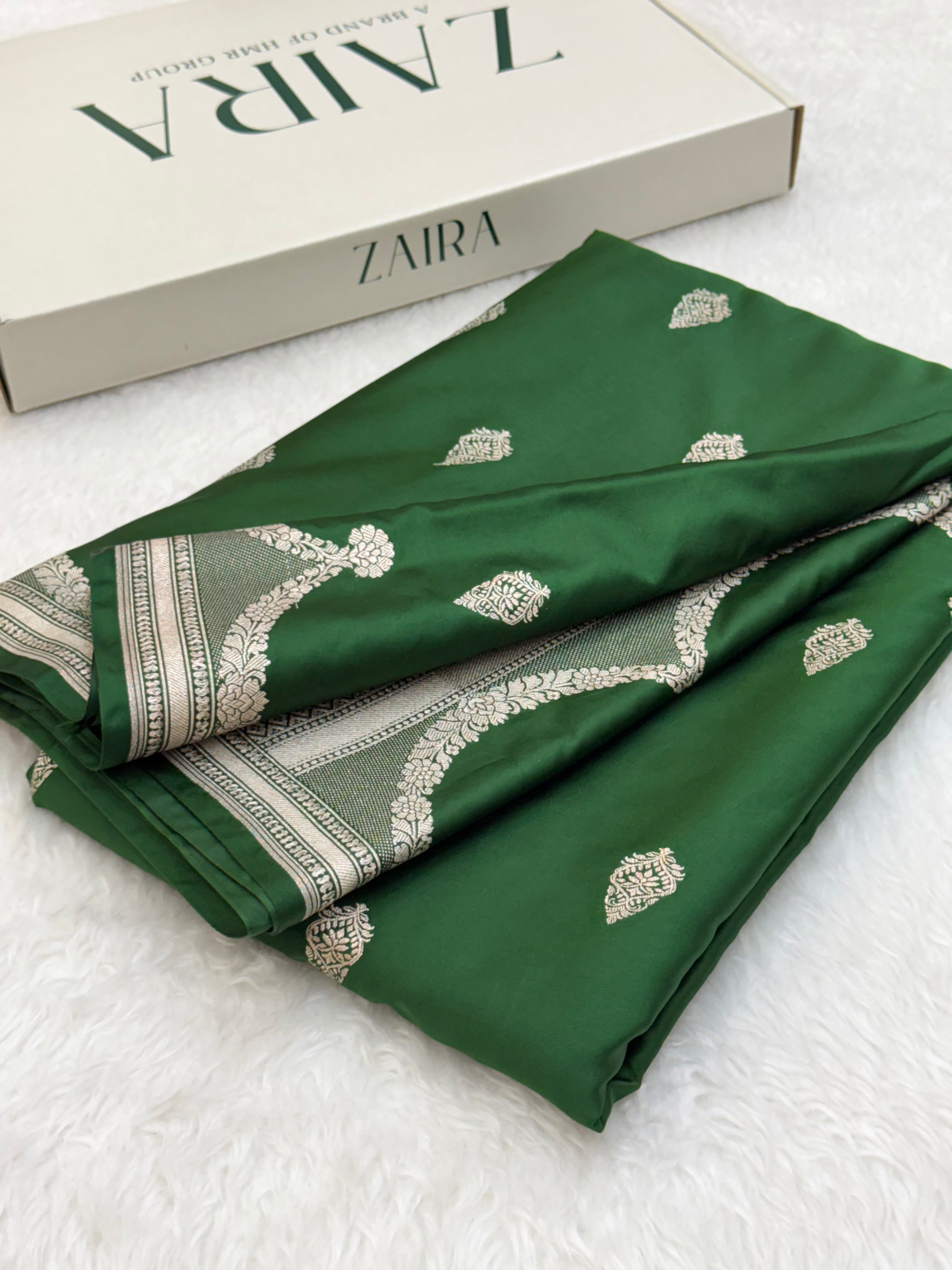 Bottle Green Scallop Mashru Silk Saree