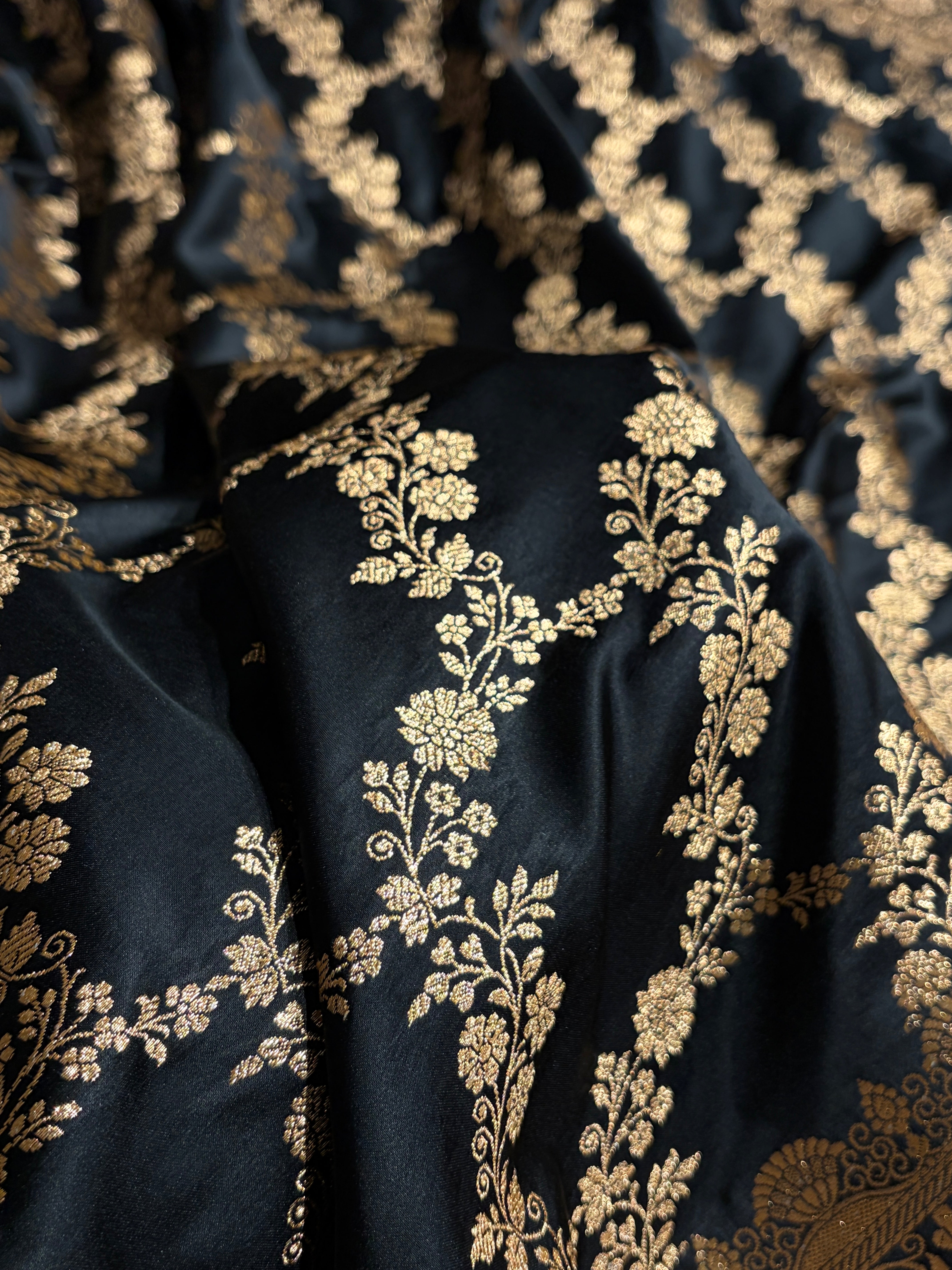 Black Floral Jaal Pattern Satin Katan Silk Saree SK43