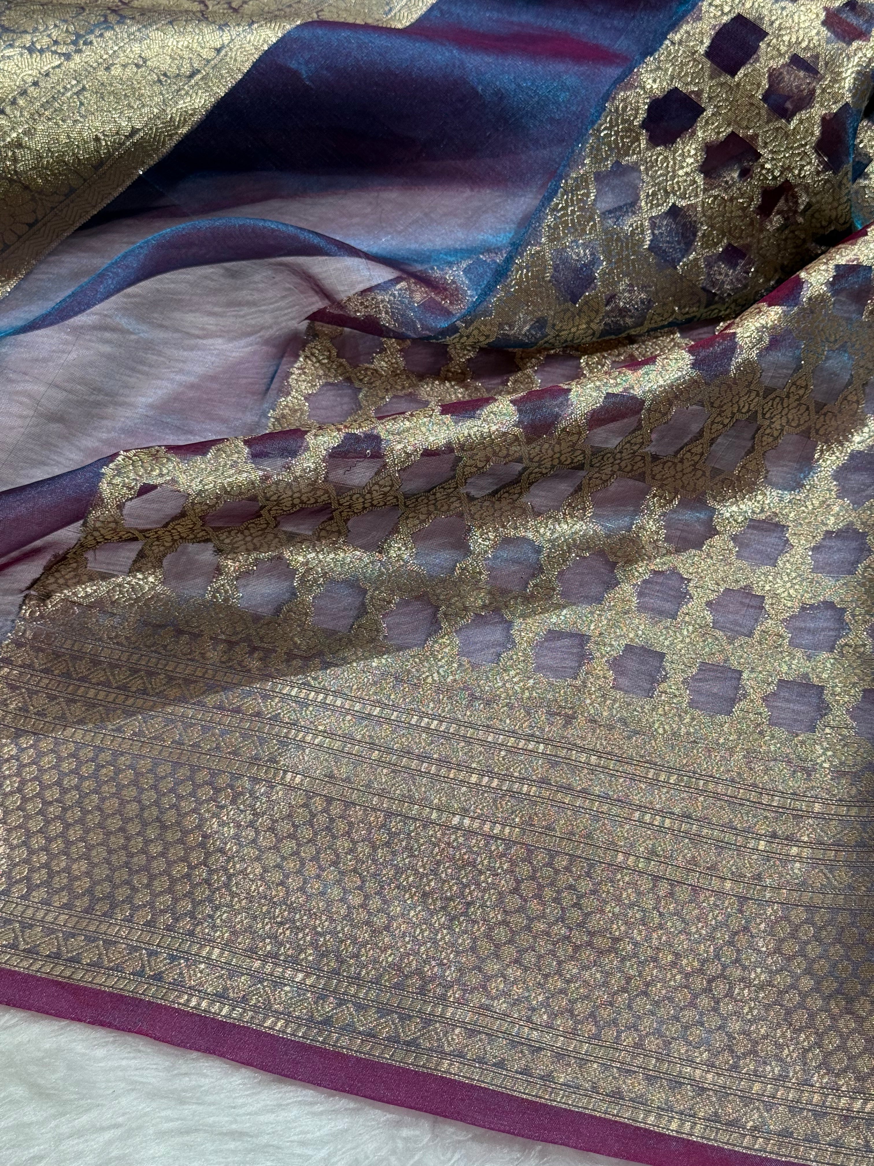 Cross Magenta Shades Pure Tissue Silk Saree with Brocade Blouse PT-16