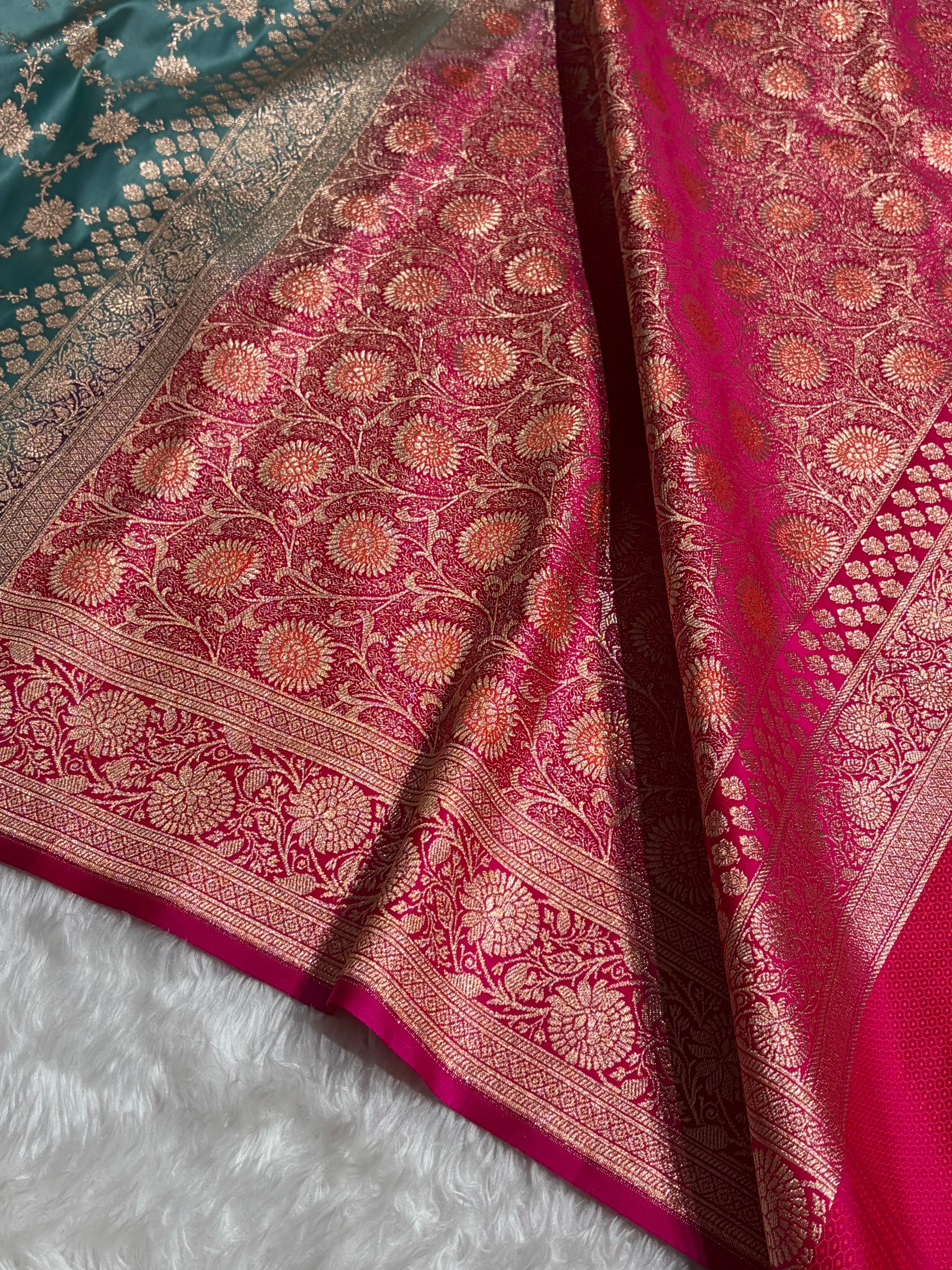 Banarasi Satin Katan Saree Contrast Rama / Rani Shades SK132