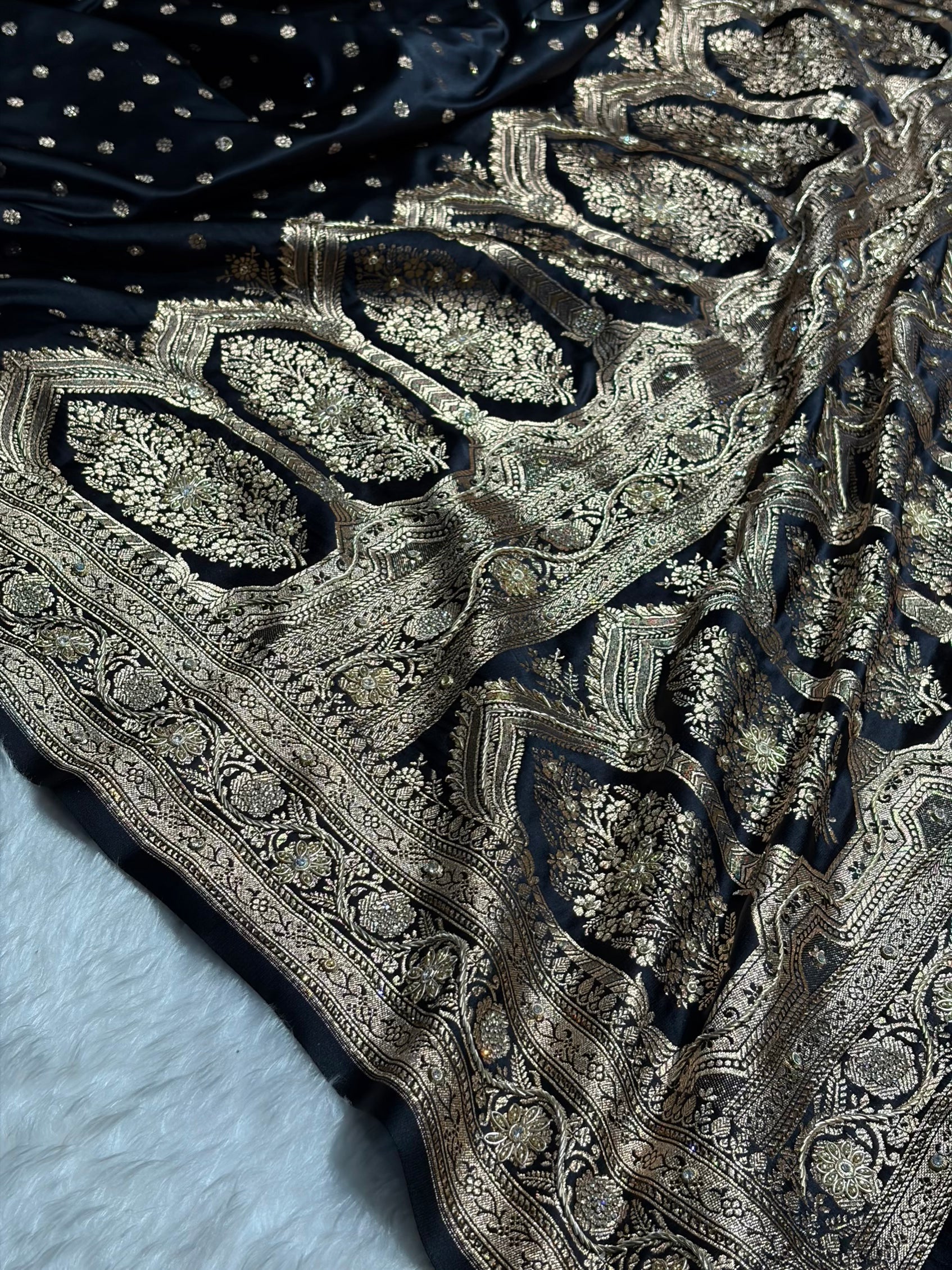 Banarasi Black Katan Silk Saree With Ari Zardozi and Swarovski stone work BSK01