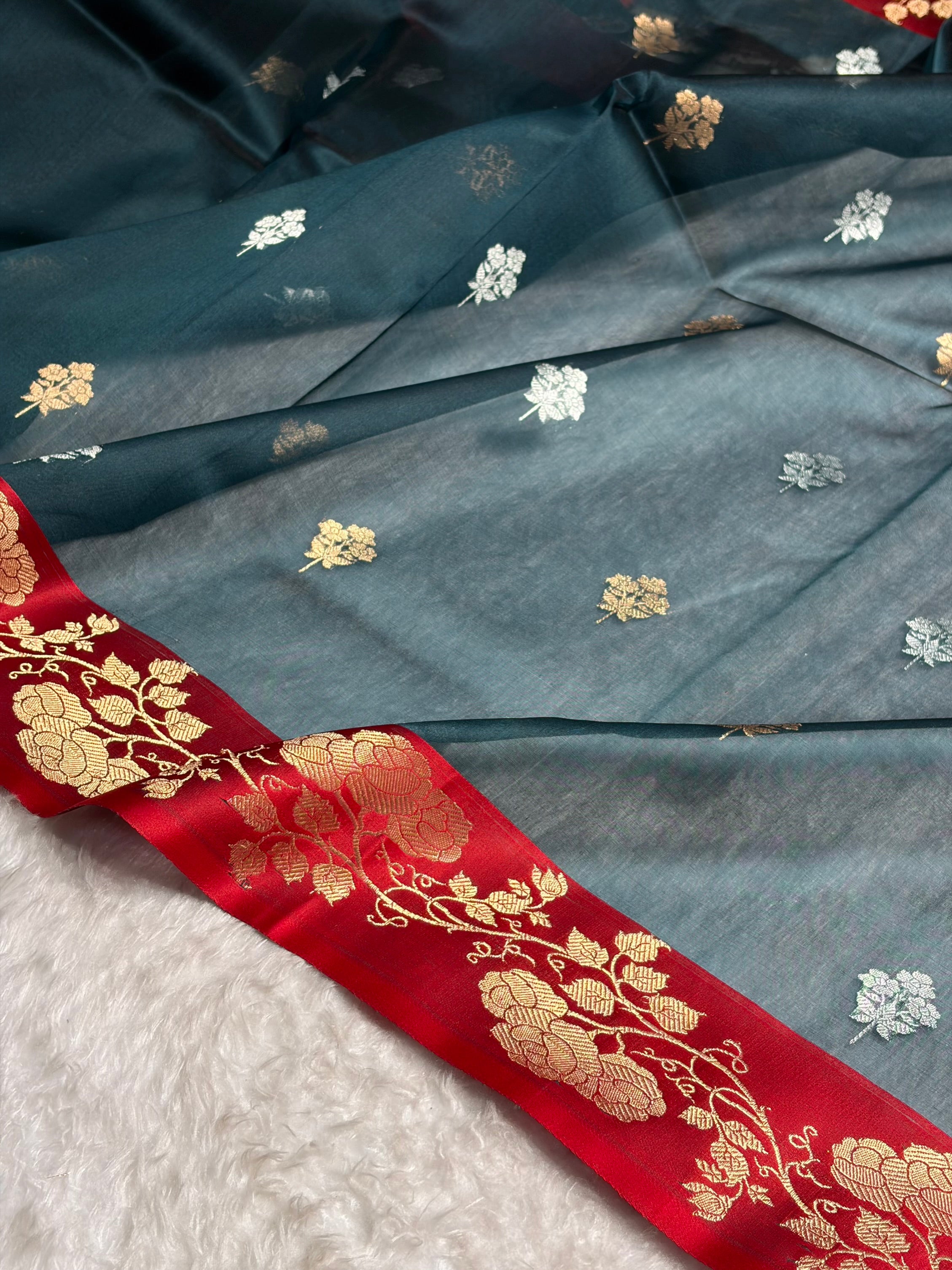 Contrast Pure Banarasi Organza Dark Rama With Maroon Floral Banarasi Silk Saree PO-13