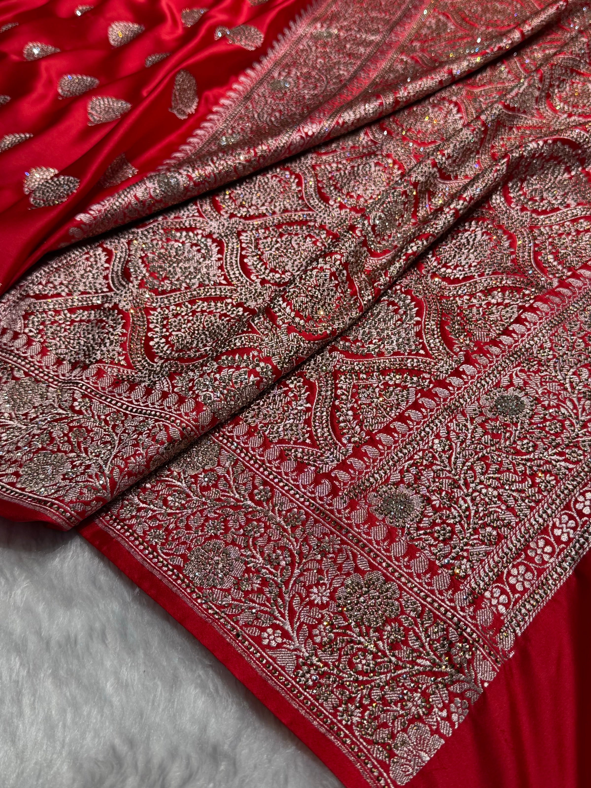 Red Tree Boota With Swarovski Work Mashru Silk Saree BMS19