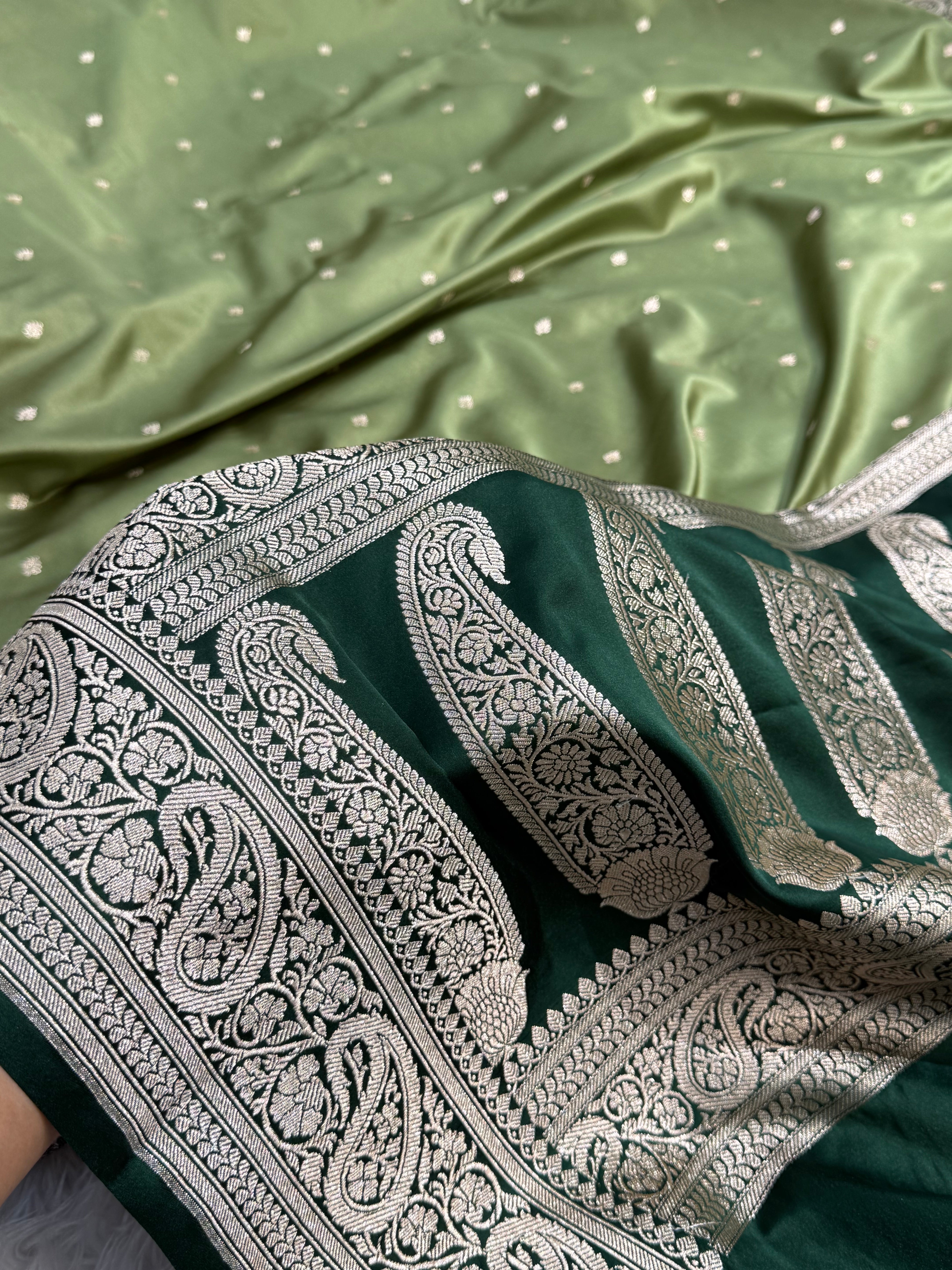 Sage Green - Bottle Green 2D Tone Booti Mashru Silk Saree