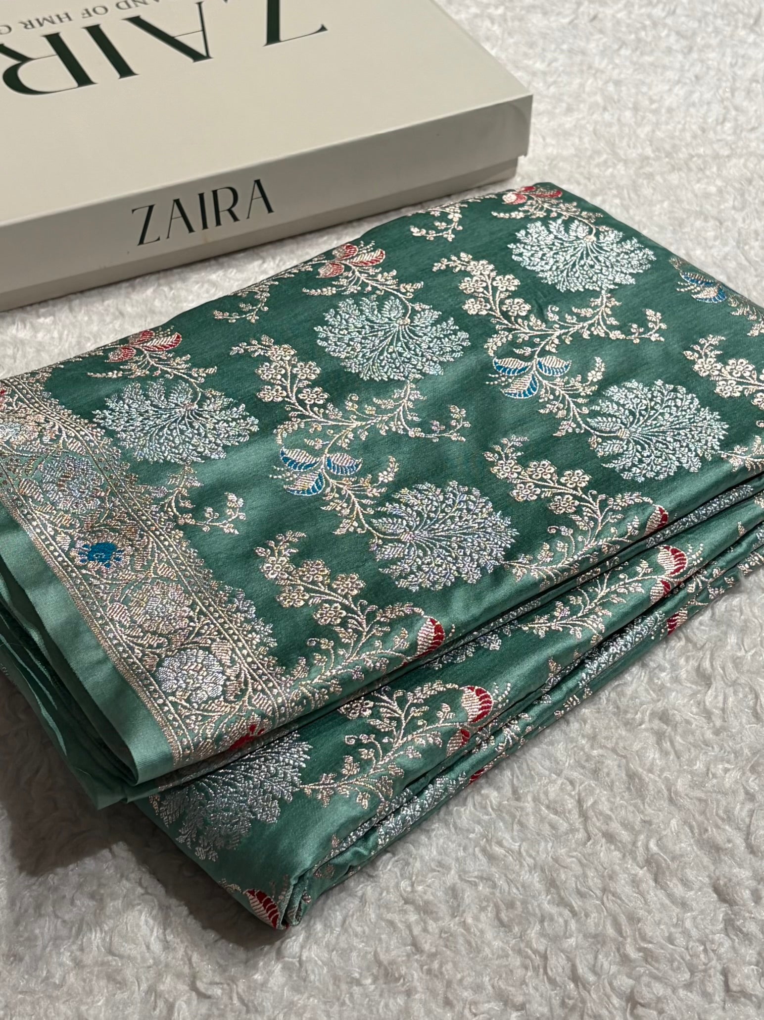 Banarasi Floral Minakari Jaal Pattern in Sea Green Shades Floral Mashru Silk Saree MCS100