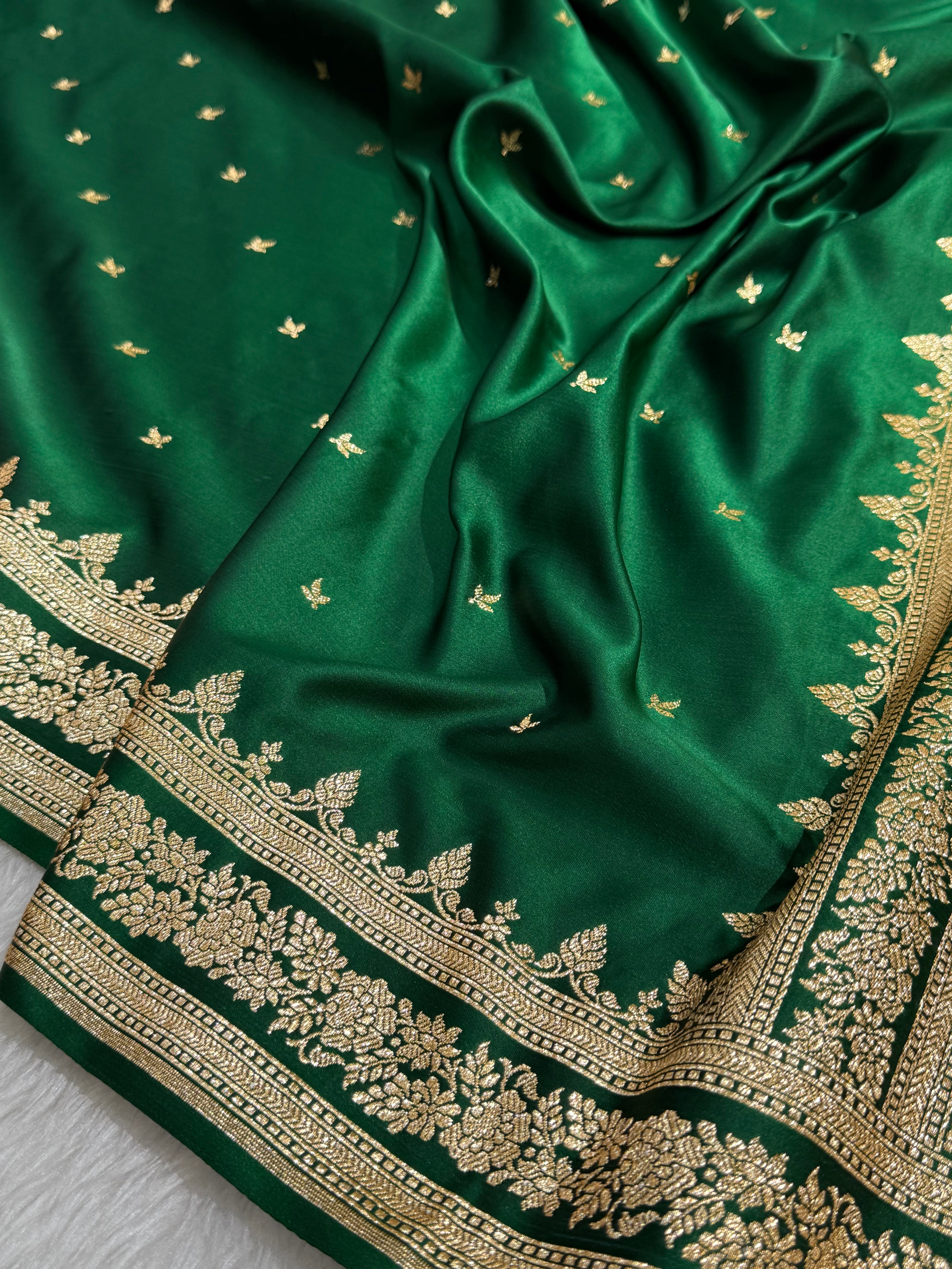 Premium Bottle Green Banarasi Booti Katan Silk Saree