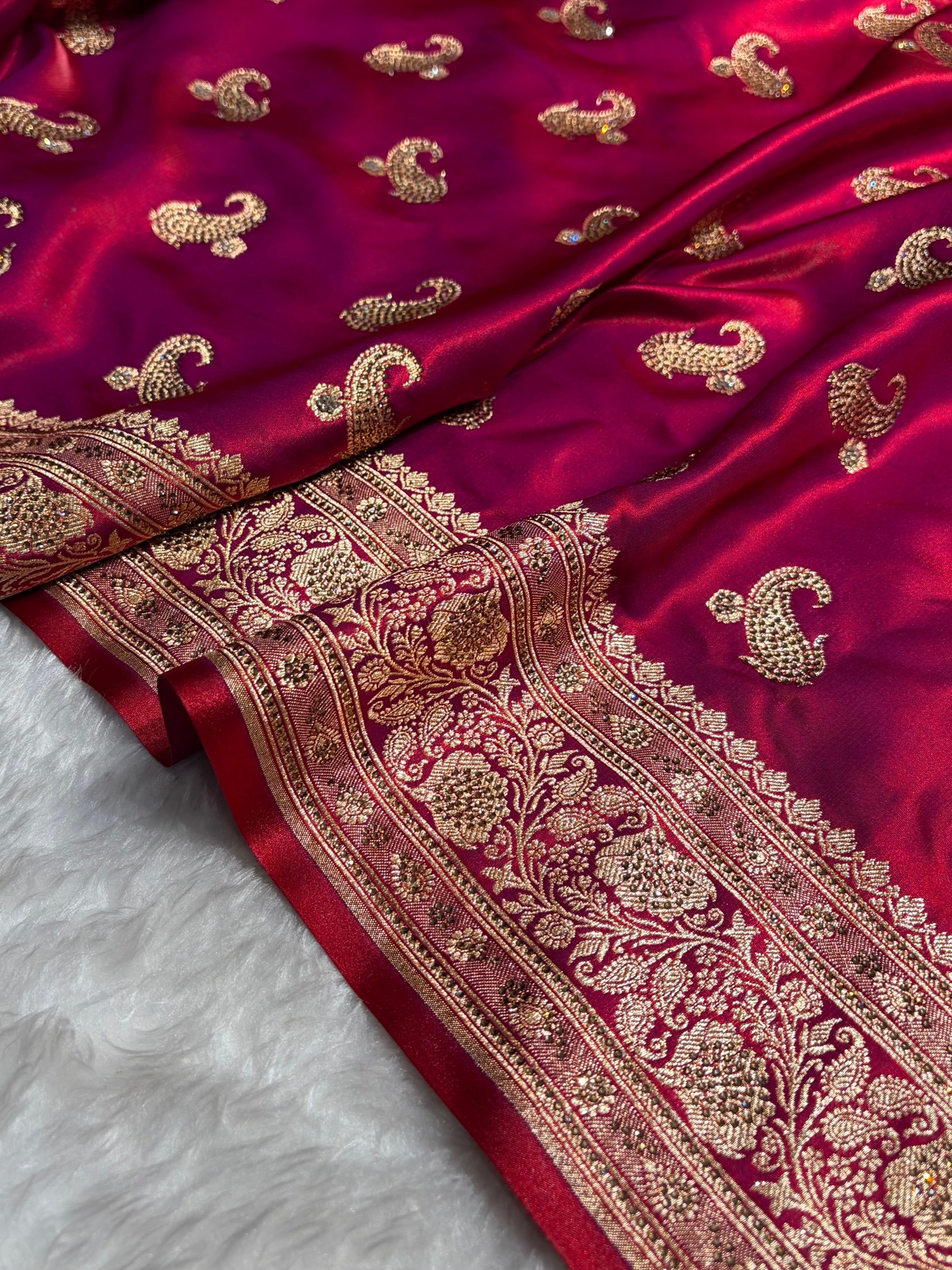 Satin Silk Saree Tredition Banarasi Swarovski Work Floral Boota in Reddish Purple Shades BSS27