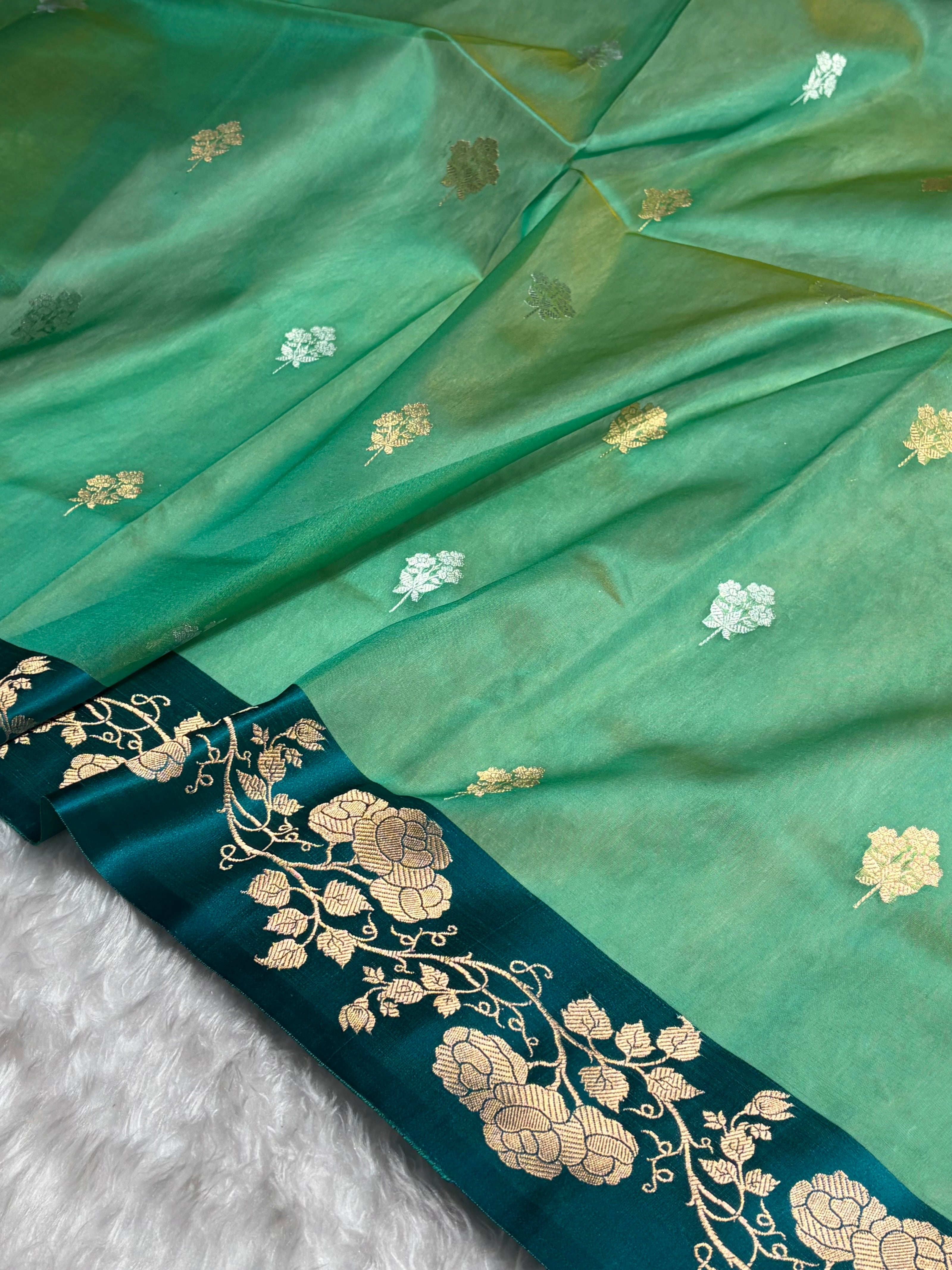 Contrast Pure Banarasi Organza Sea Green With Rama Floral Banarasi Silk Saree PO-13