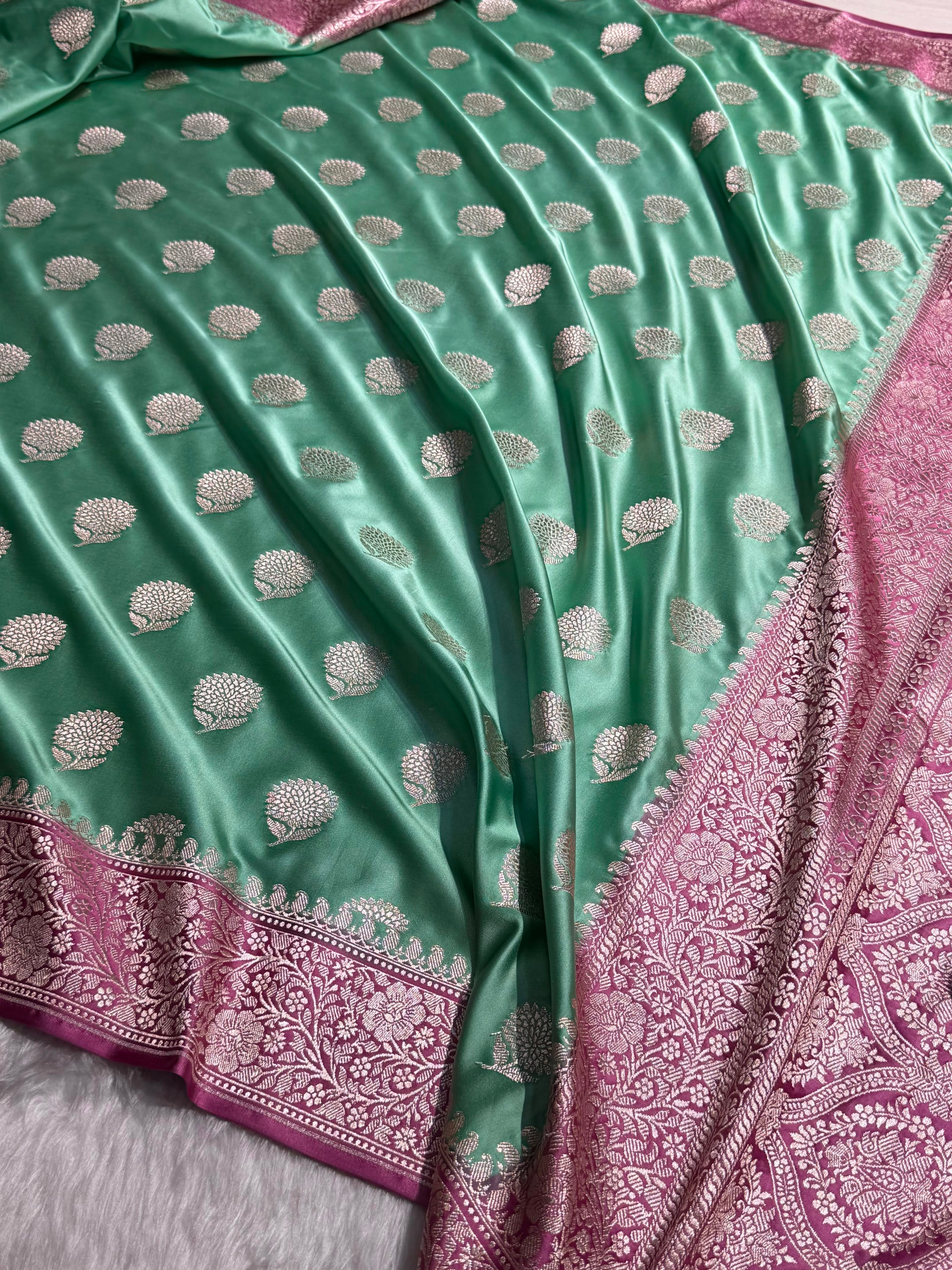 Contrast Sea Green / Copper Tree Boota Mashru Silk Saree MCS19