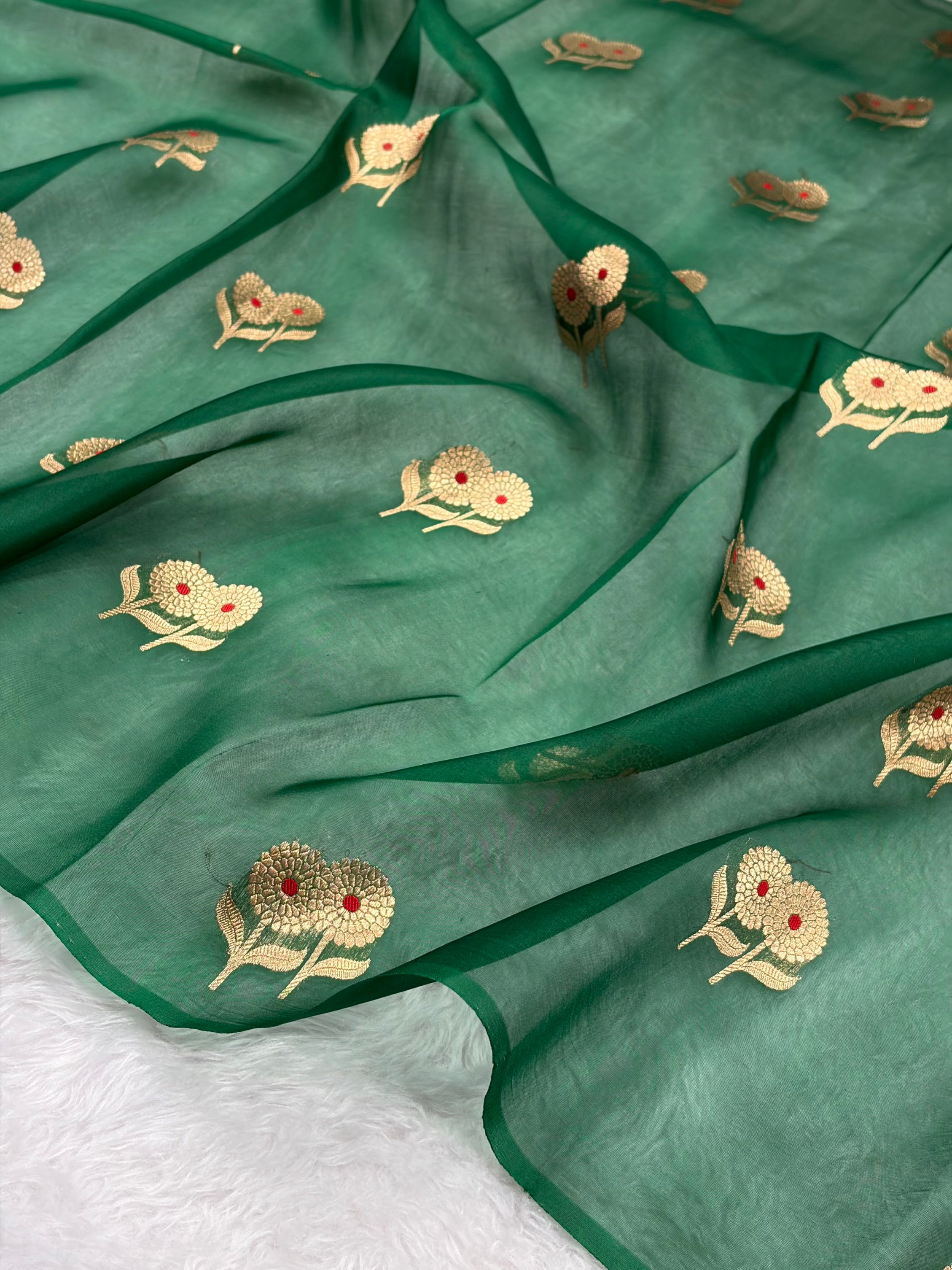 Pure Banarasi Organza Bottle Green Shades With Minakari Floral Banarasi Silk Saree PO-26