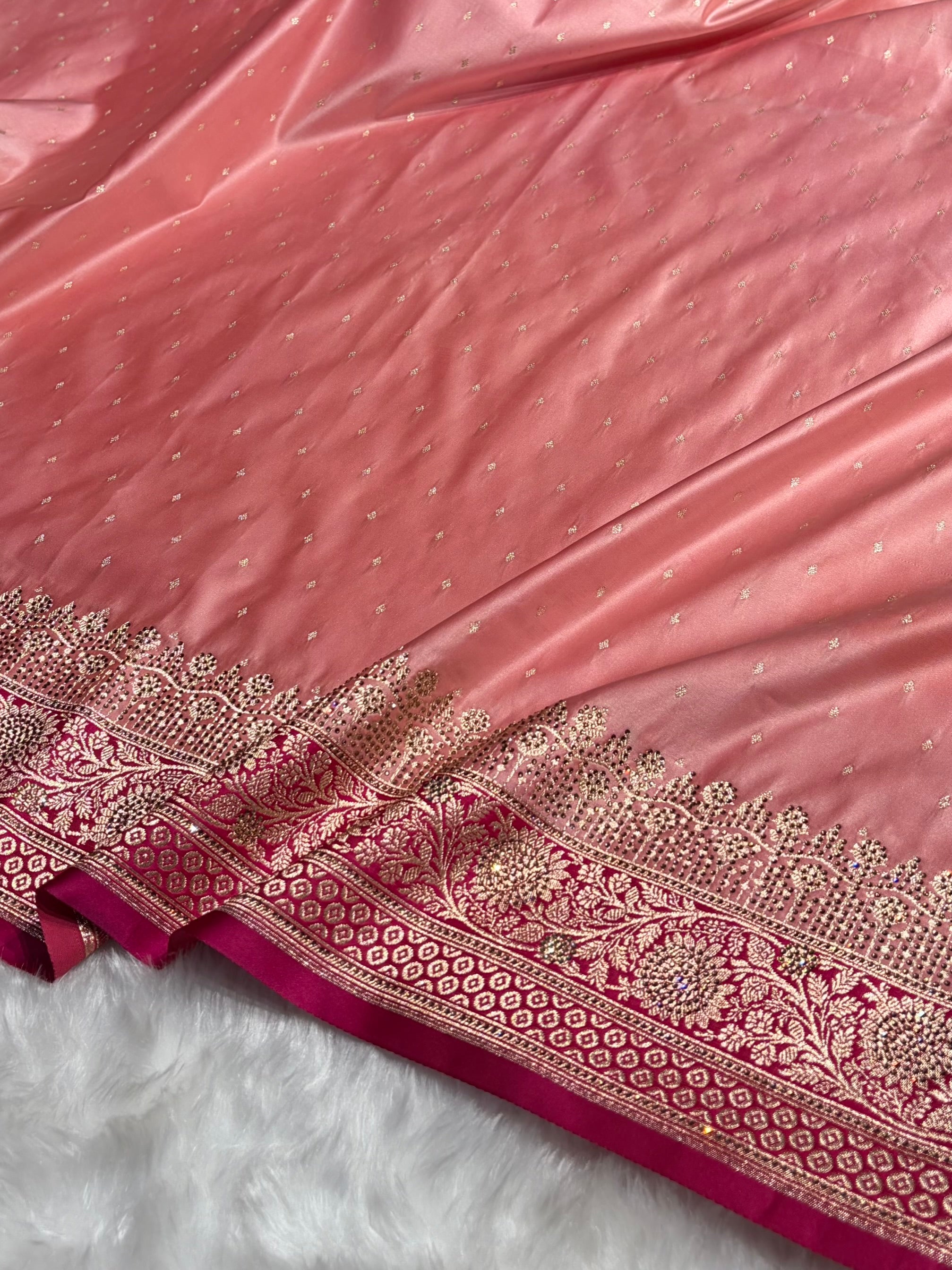 Baby Pink with Wine shades Swarovski Work Booti Satin Katan Silk saree BSK36