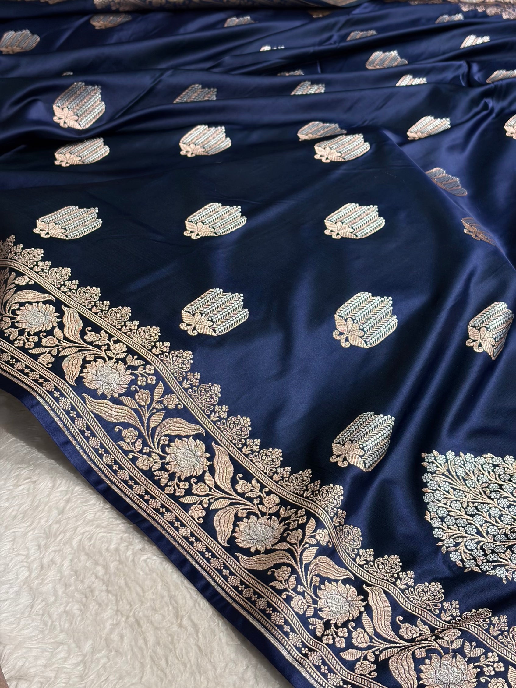 German Blue Shades Banarasi Boota Pattern Minakari Floral Mashru Silk Saree MSM-122